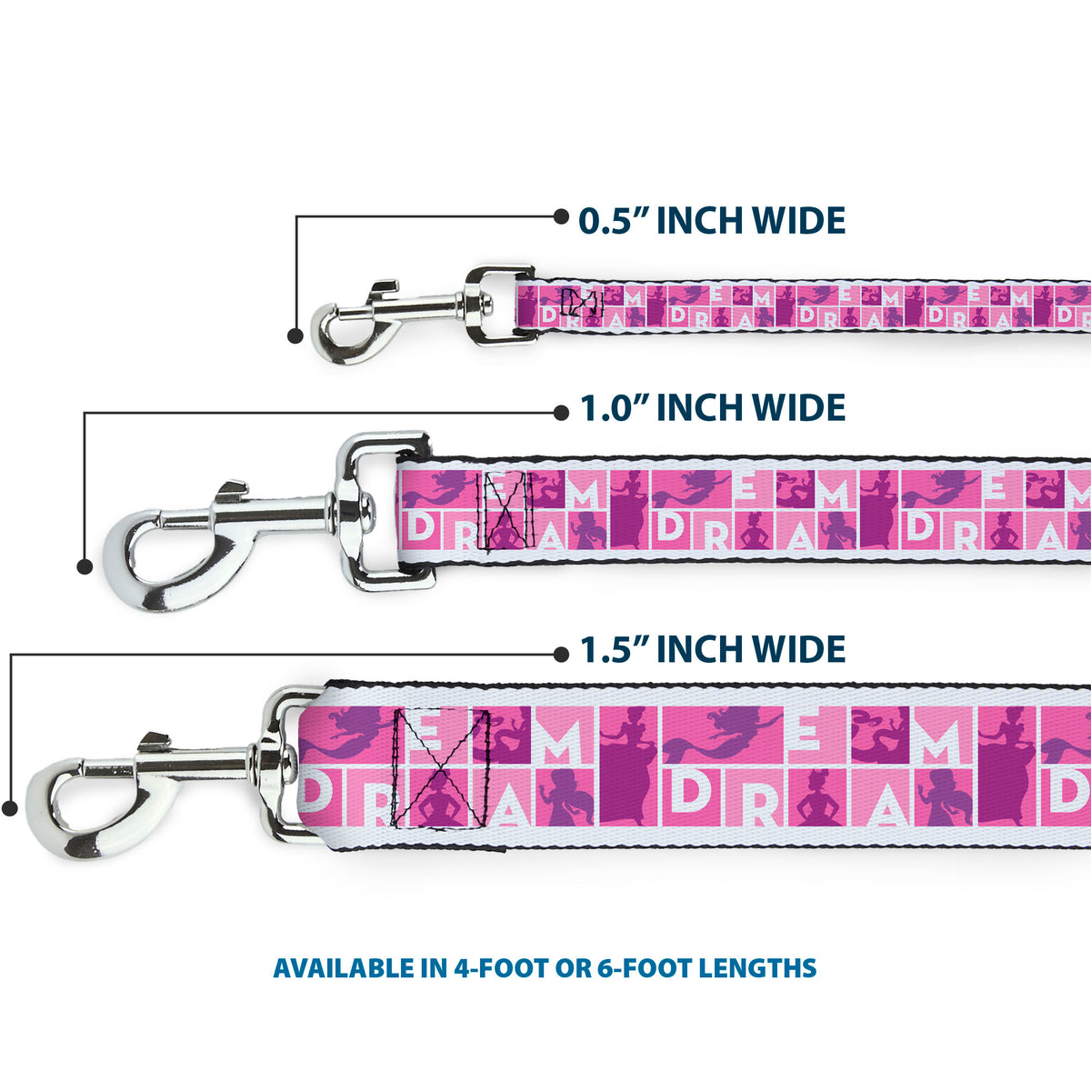 Dog Leash - Disney DREAM Princess Silhouette Poses Pinks/White Dog Leashes Disney