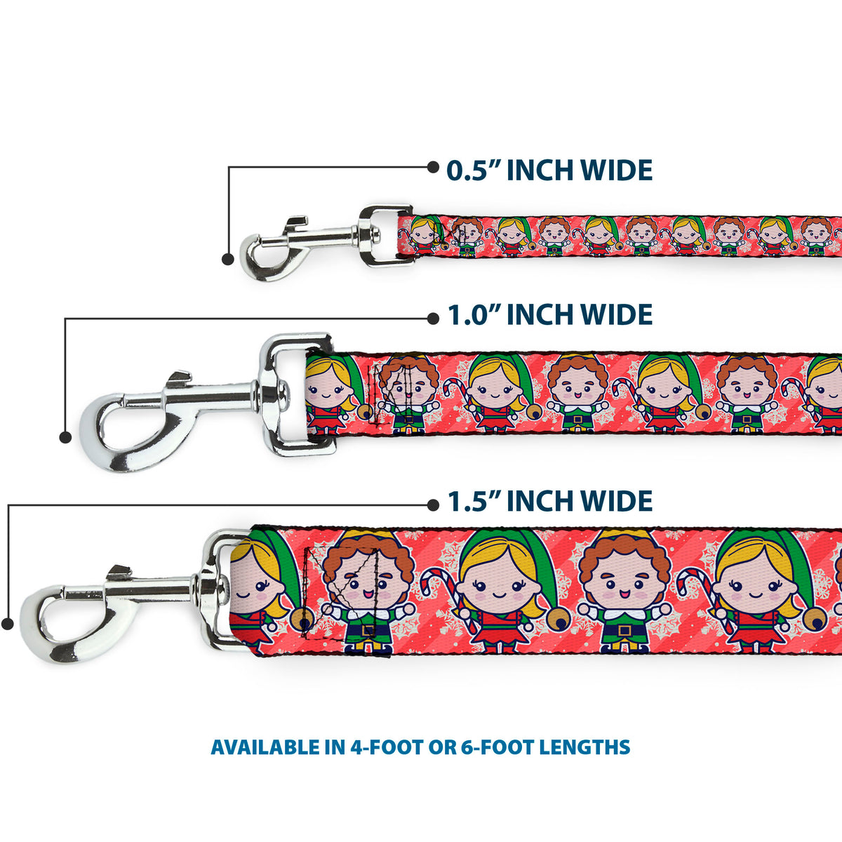 Dog Leash - Elf Chibi Buddy and Jovie Pose and Snowflakes Stripe Red/White Dog Leashes Elf