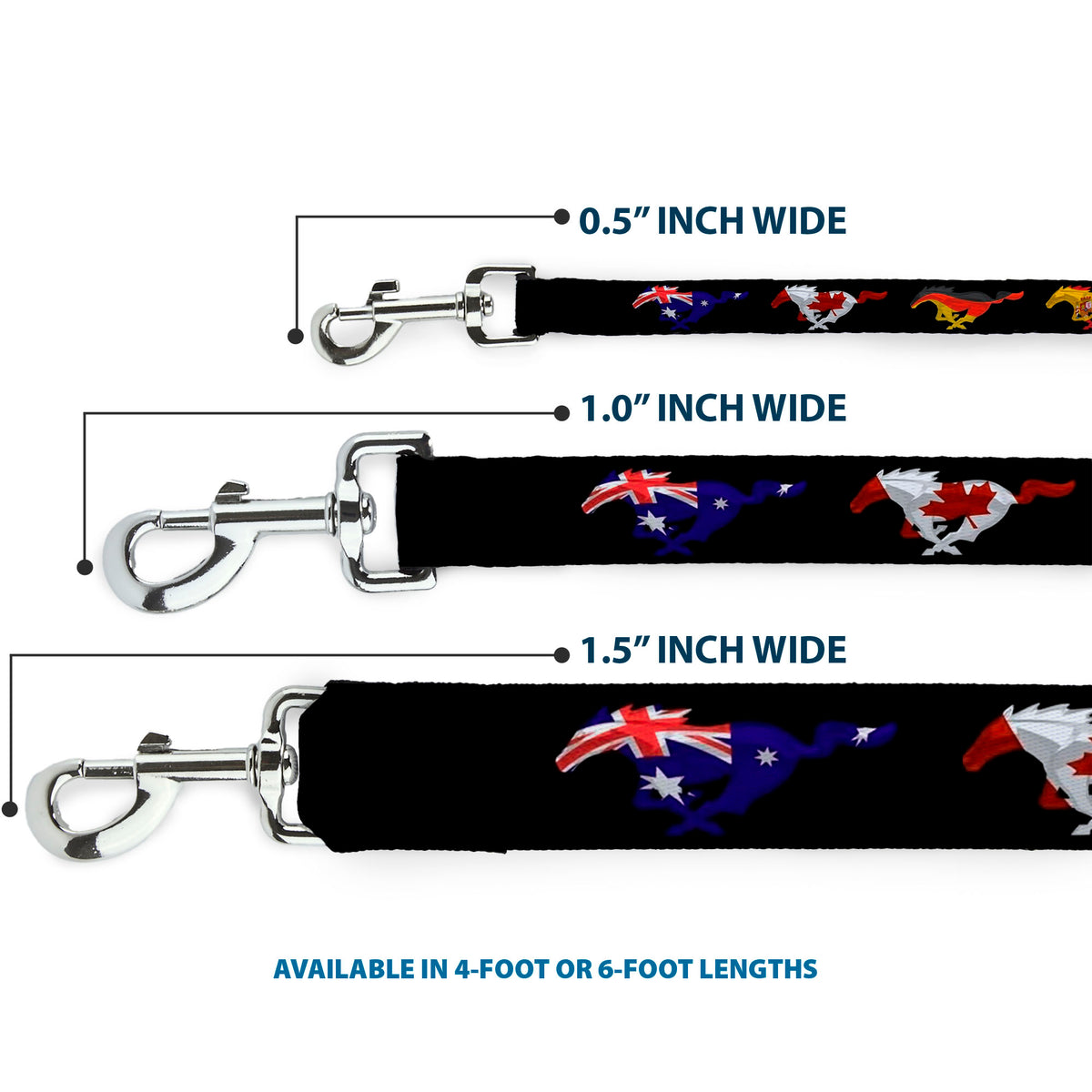 Dog Leash - Mustang Silhouette Black/International Flags Dog Leashes Ford