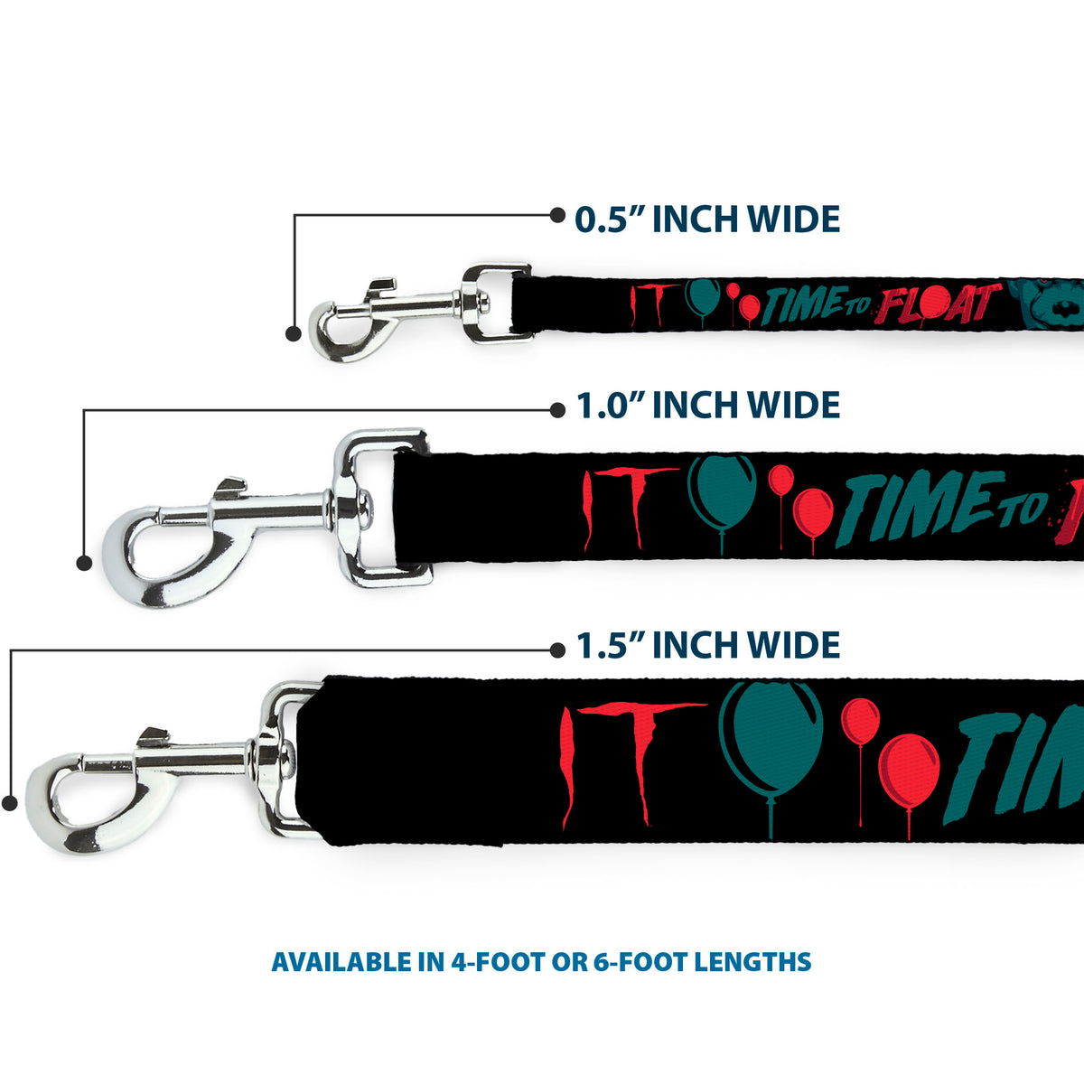 Dog Leash - IT Pennywise Face and Balloons TIME TO FLOAT Black/Blues/Reds Dog Leashes IT