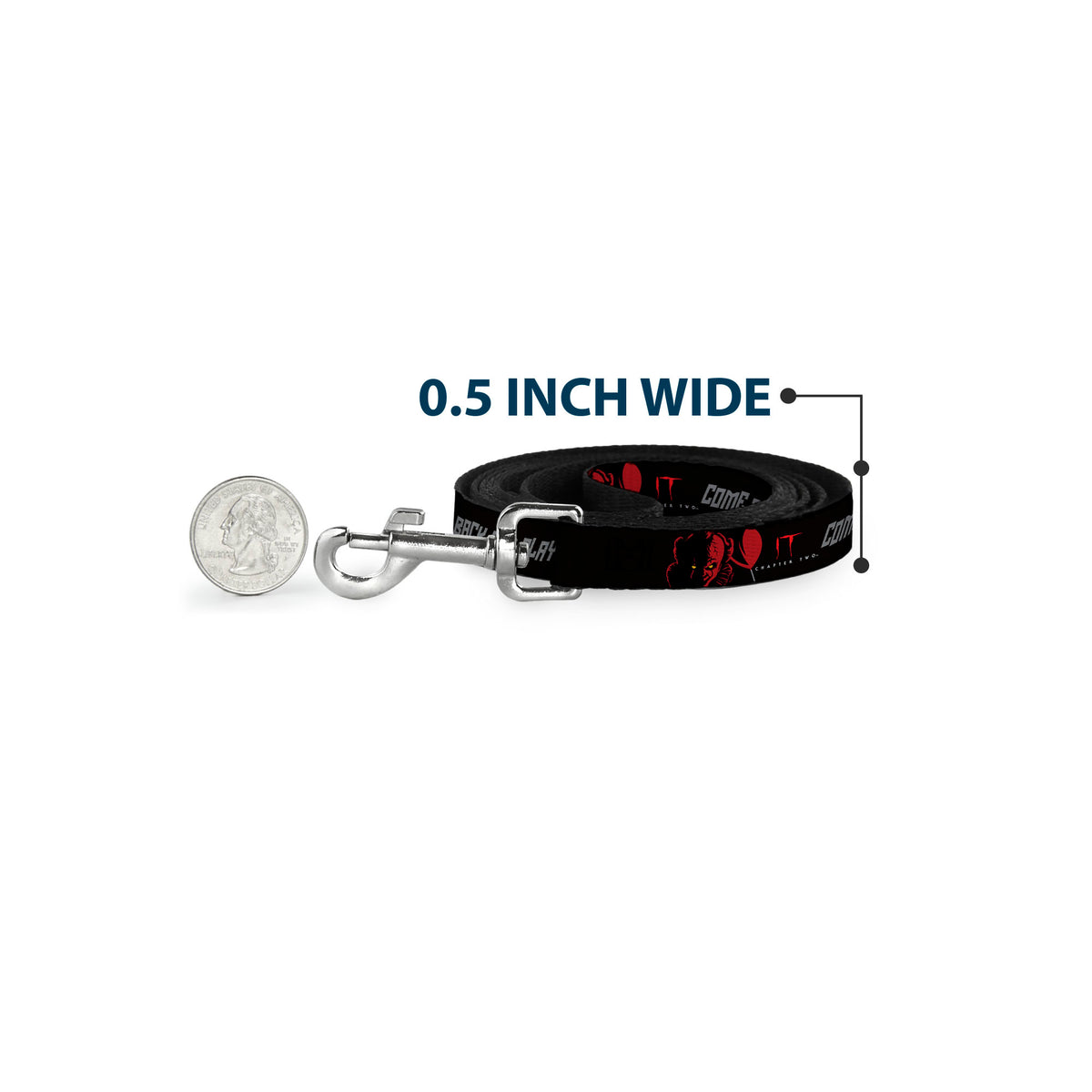 Dog Leash - IT Pennywise Face COME BACK AND PLAY Black/Red/Gray Dog Leashes IT