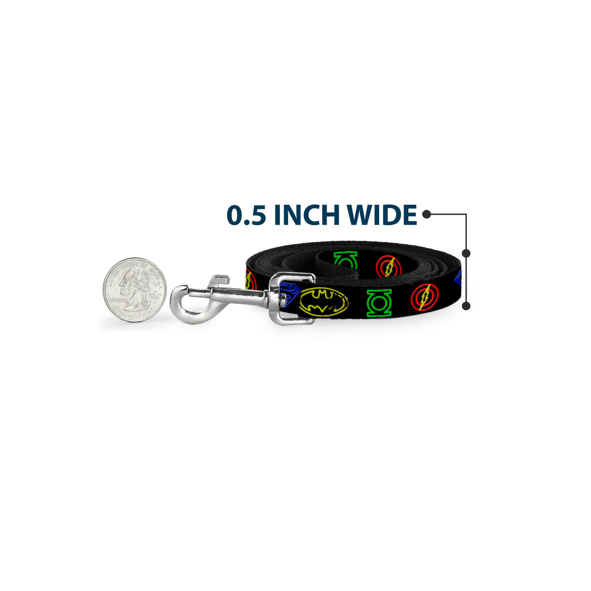 Dog Leash - Justice League Electric Logos Black/Multi Neon Dog Leashes DC Comics