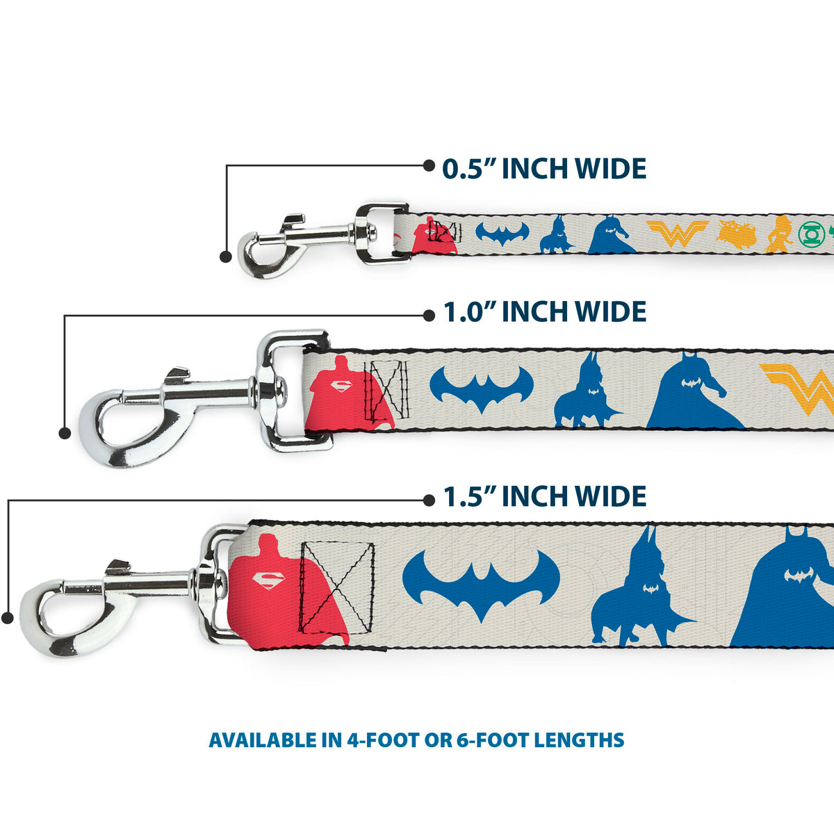 Dog Leash - DC League of Super-Pets Superhero with Pets and Logos Silhouette White/Multi Color Dog Leashes DC Comics