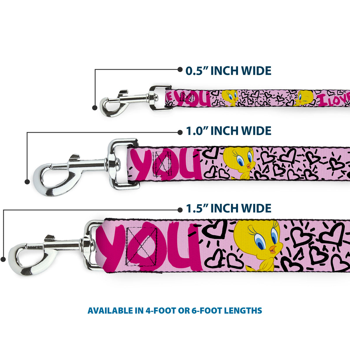 Dog Leash - Tweety Bird I LOVE YOU Pink/Black Dog Leashes Looney Tunes