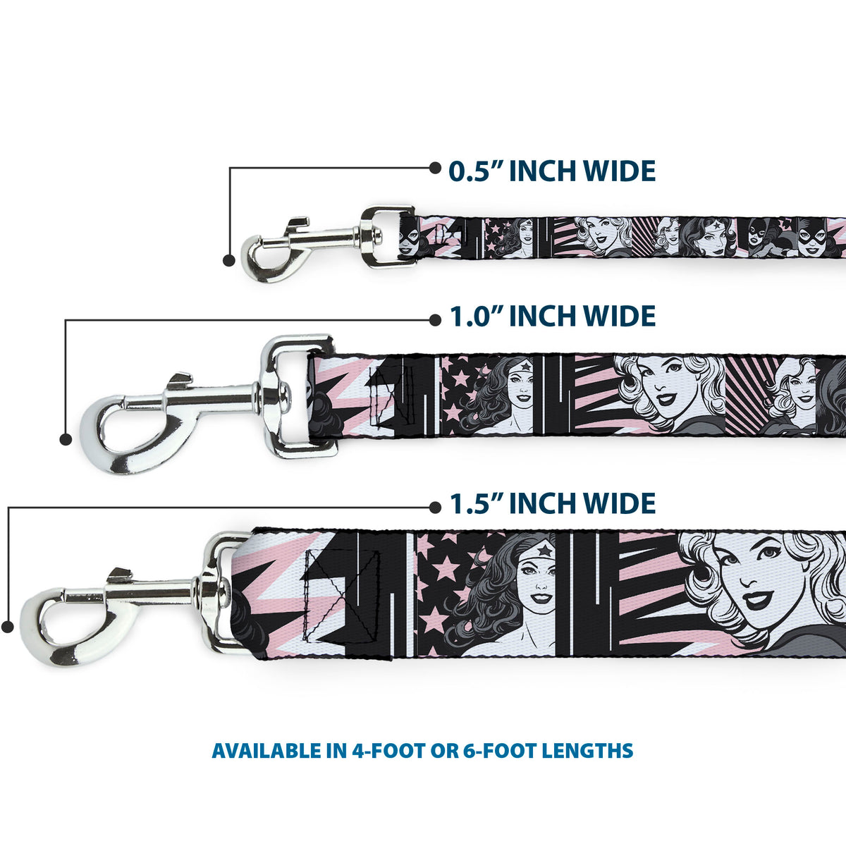 Dog Leash - Batgirl/Wonder Woman/Supergirl Retro Panels Black/Pink/White Dog Leashes DC Comics