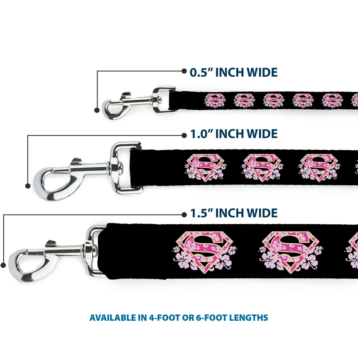 Dog Leash - Super Shield Hibiscus Design Black/Pink Dog Leashes DC Comics
