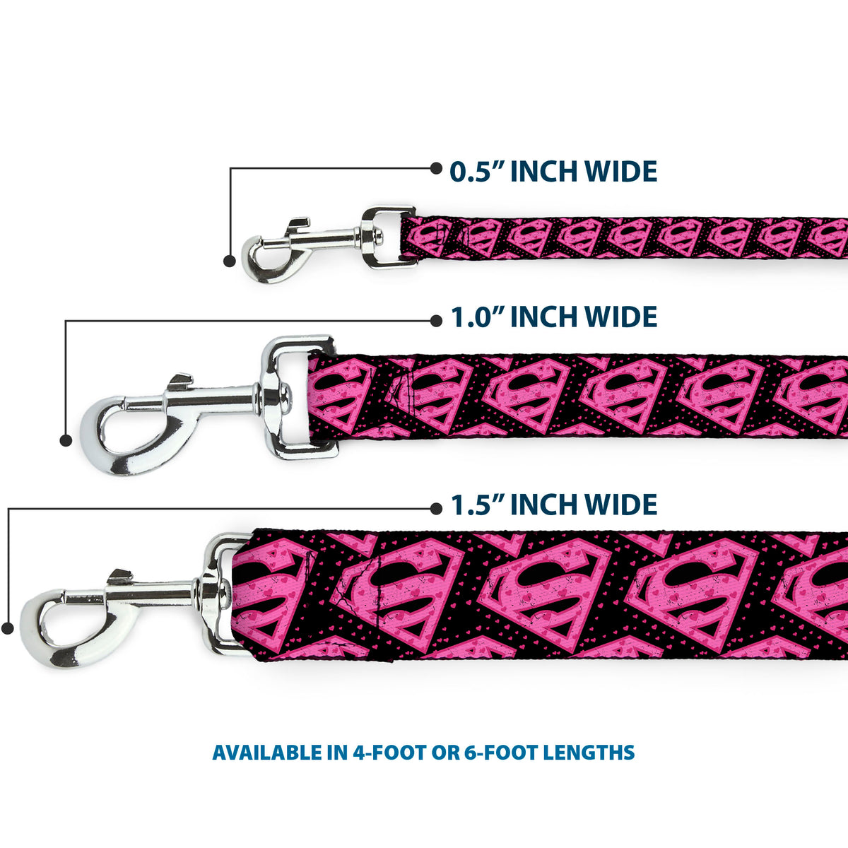 Dog Leash - Diagonal Superman Logo w/Hearts Black/Pink Dog Leashes DC Comics