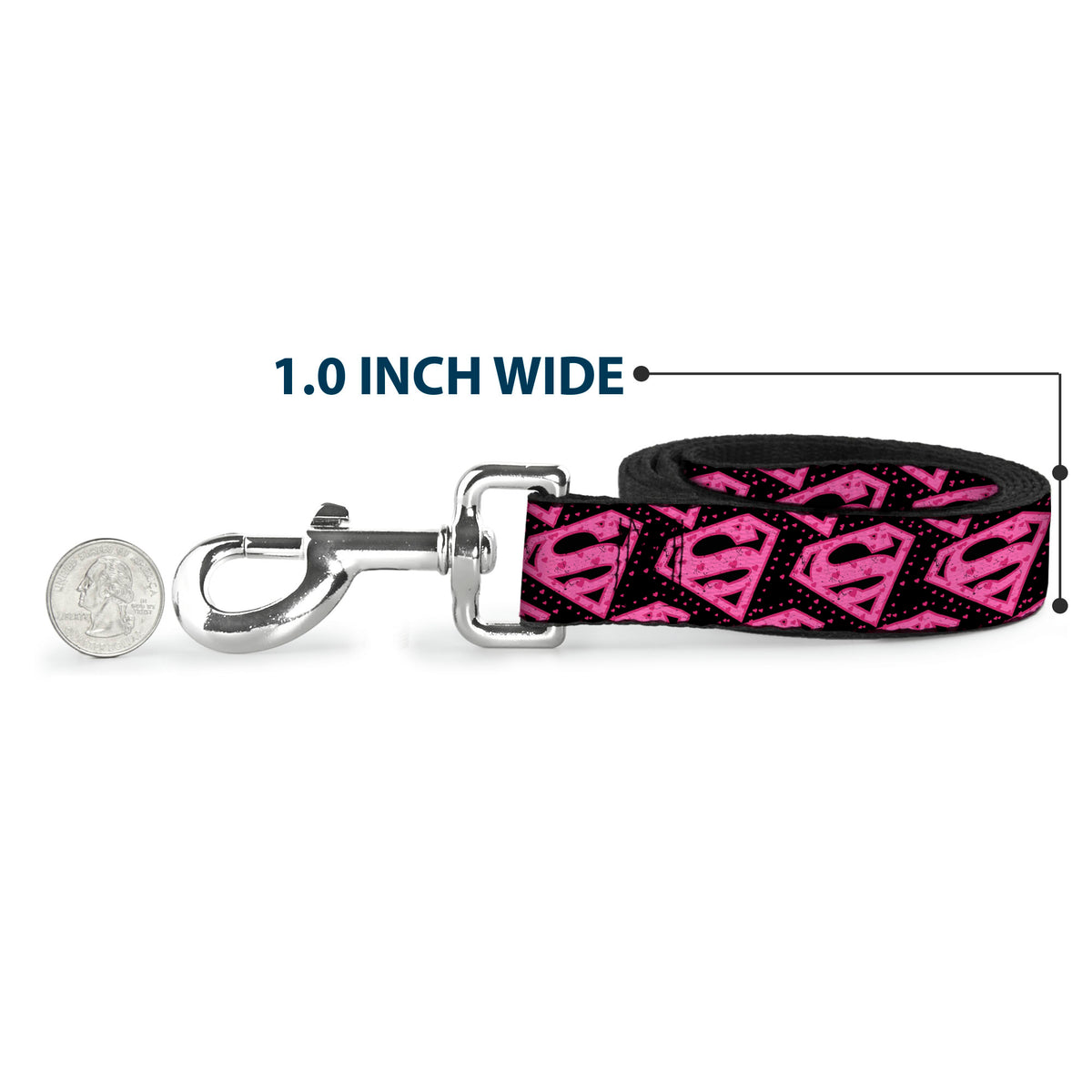 Dog Leash - Diagonal Superman Logo w/Hearts Black/Pink Dog Leashes DC Comics
