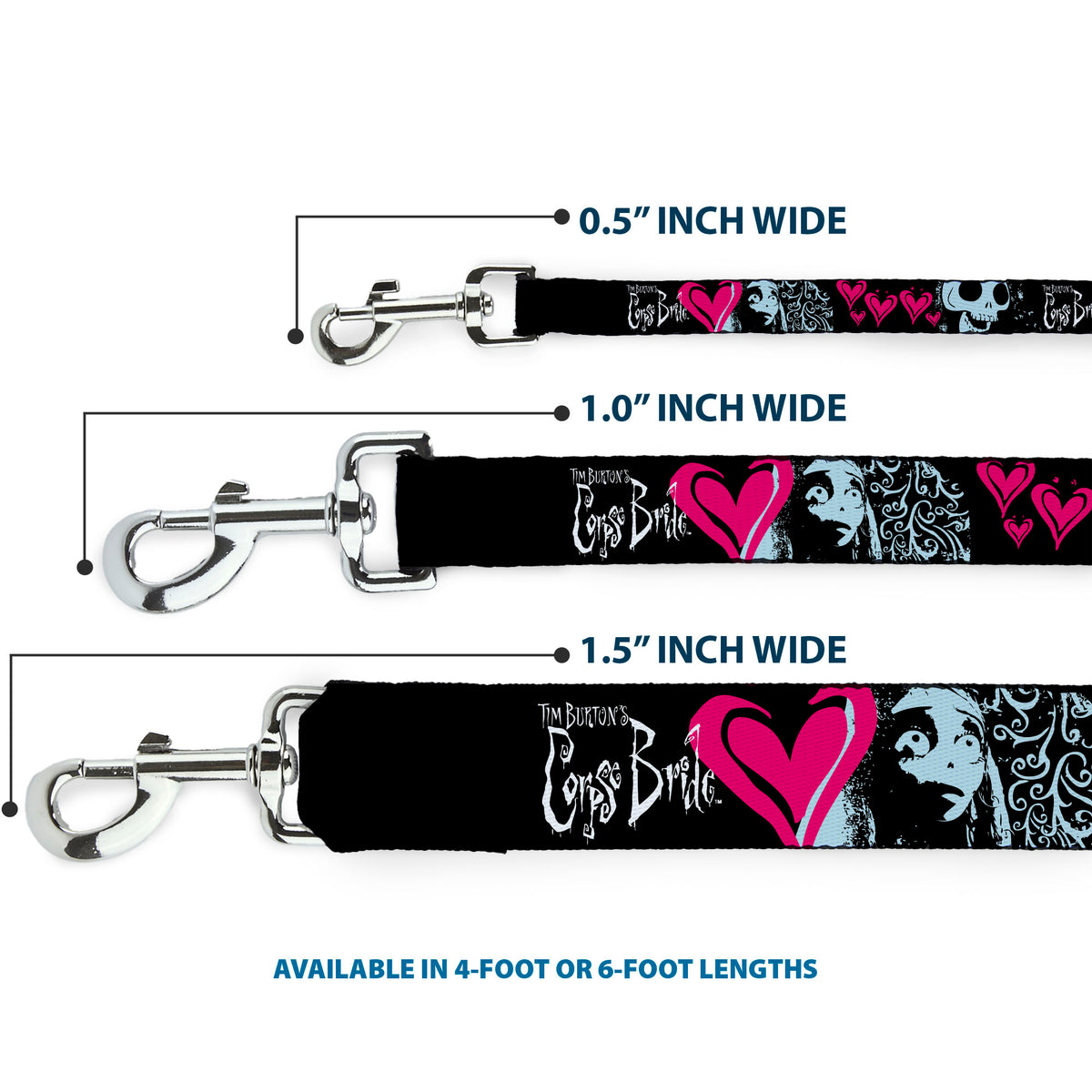 Dog Leash - CORPSE BRIDE Emily Hearts and Skull Black/Gray/Pink Dog Leashes Corpse Bride