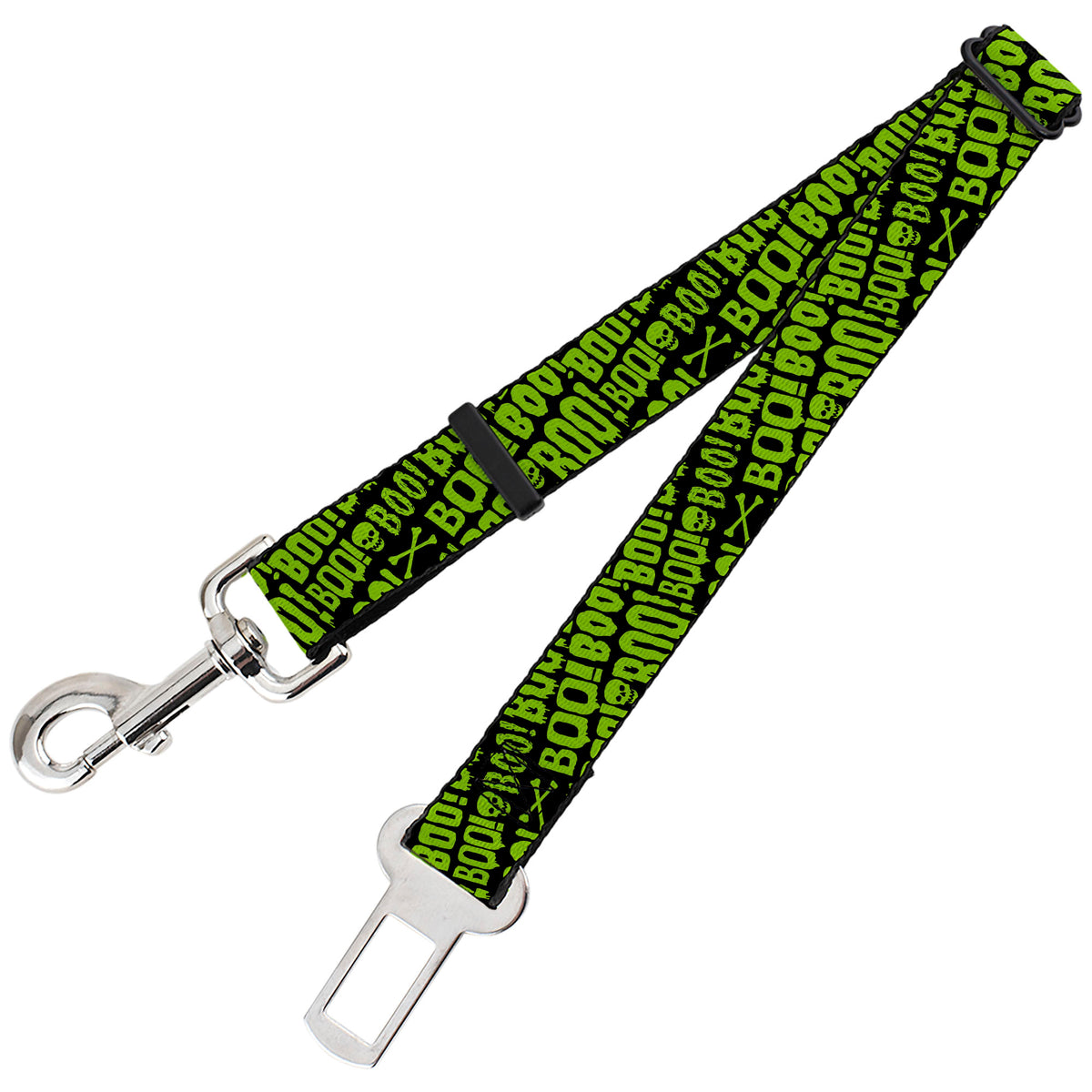 Dog Safety Seatbelt for Cars - BOO Text Skull and Crossbones Black/Green Dog Safety Seatbelts for Cars Buckle-Down