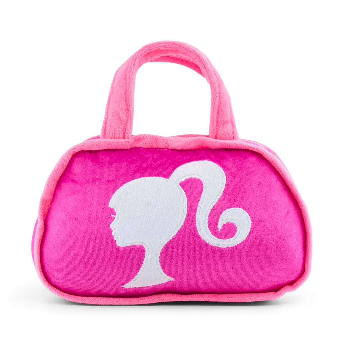 Dog Toy Squeaker Plush - Barbie Silhouette and Autograph Script Handbag Replica Pink/White Dog Toy Squeaky Plush Barbie