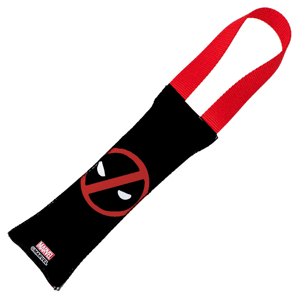 MARVEL DEADPOOL

Dog Toy Squeaky Tug Toy - Deadpool Face + Deadpool Logo2 Black/Red/White - RED Handle Webbing Dog Toy Squeaky Tug Toy Marvel Comics   