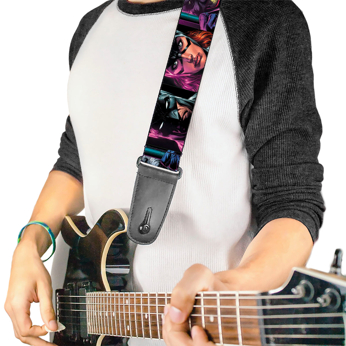 Guitar Strap - Batman Batgirl and Joker Comic Book Cover Face Close-Ups Black Guitar Straps DC Comics   