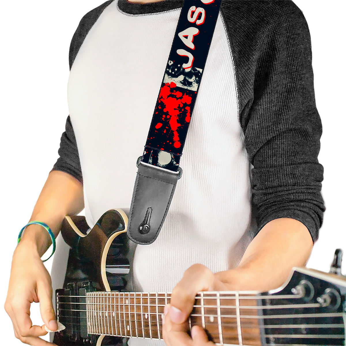 Guitar Strap - FRIDAY THE 13TH JASON Mask and Splatter Black/Red/White Guitar Straps Friday the 13th