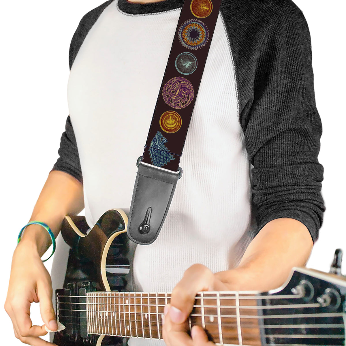 Guitar Strap - Game of Thrones - Game of Thrones Eight House Sigil Symbols Black/Multi Color Guitar Straps Game of Thrones