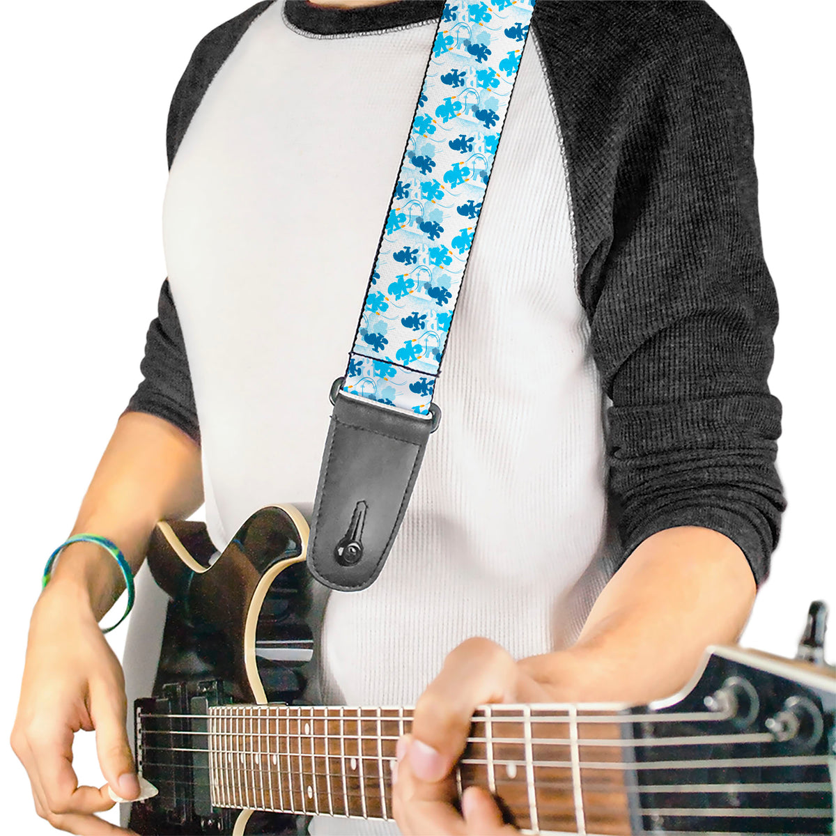 Guitar Strap - The Smurfs Blast Off FREE Silhouette Pose White/Blues Guitar Straps The Smurfs
