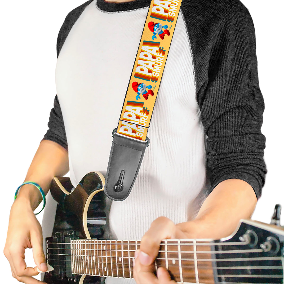 Guitar Strap - PAPA SMURF Running Pose and Text Beige/Multi Color Guitar Straps The Smurfs