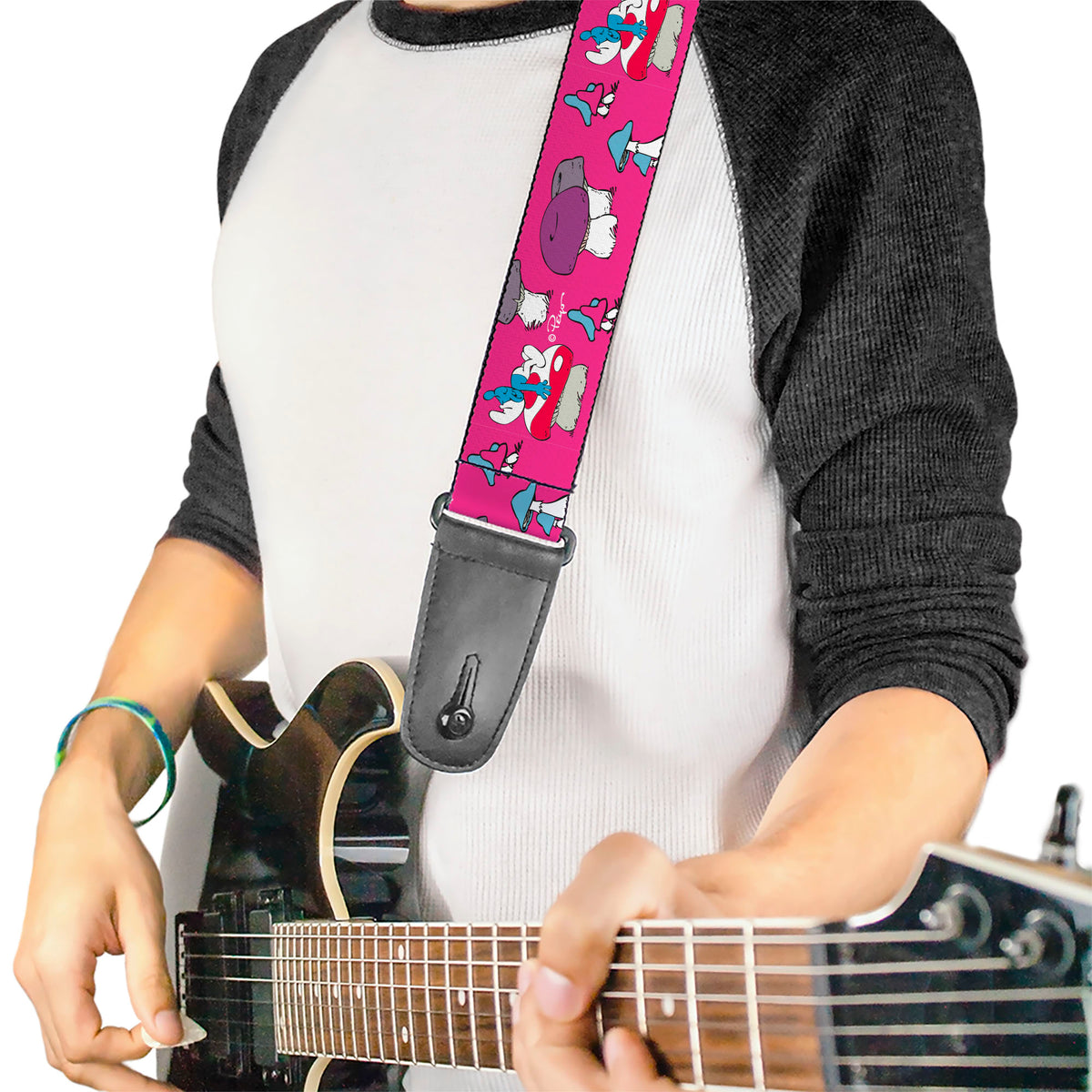 Guitar Strap - The Smurfs Like a Mushroom Pose Pink Guitar Straps The Smurfs