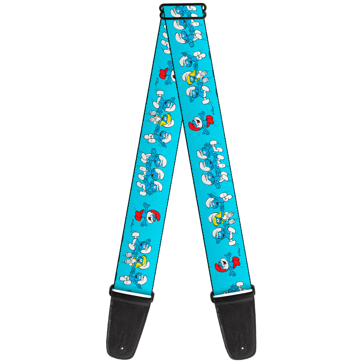 Guitar Strap - The Smurfs Seven Character Group Holding Hands Jumping Blue Guitar Straps The Smurfs