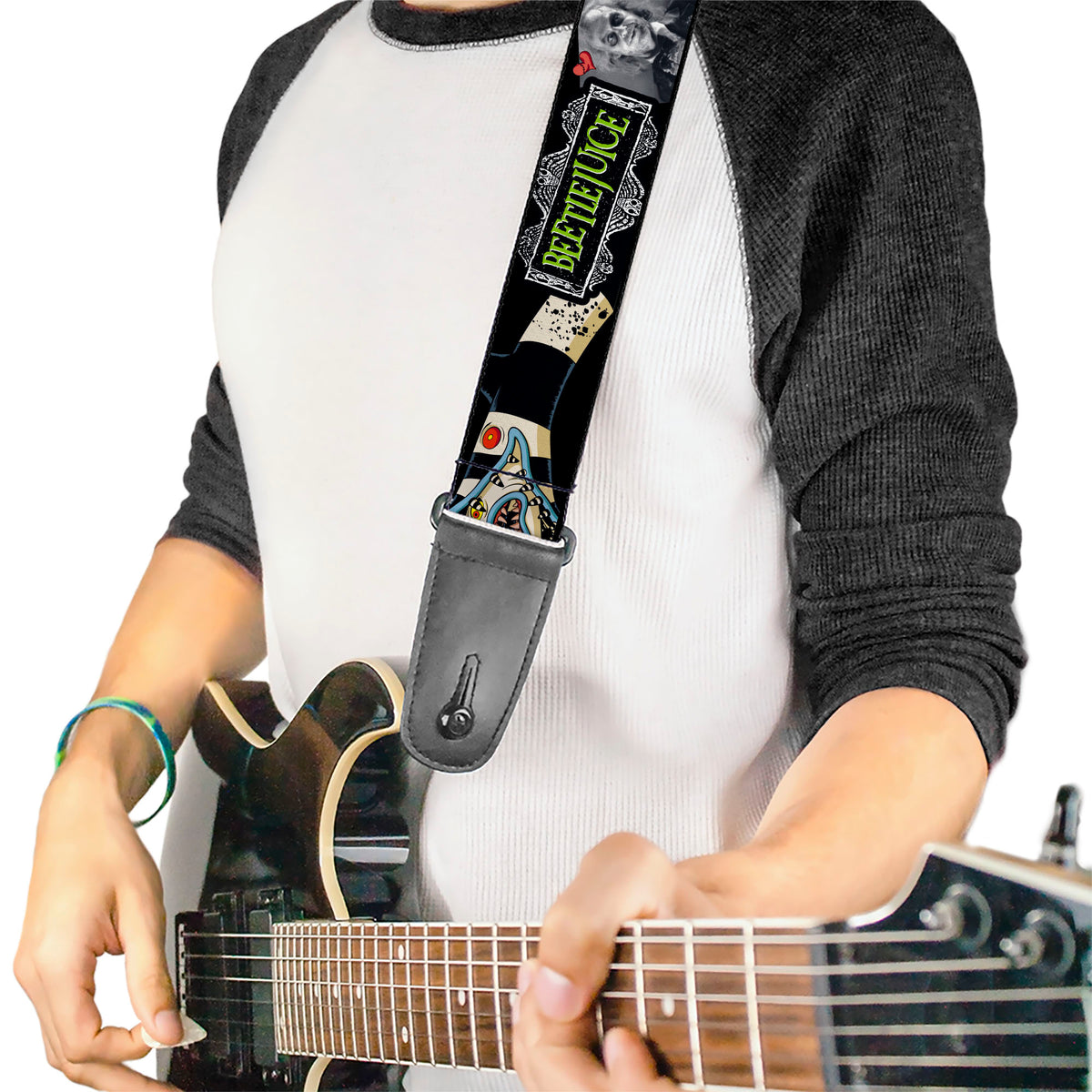 Guitar Strap - BEETLEJUICE I LOVE WHEN YOU SAY MY NAME Poses and Sandworm Black Guitar Straps Beetlejuice