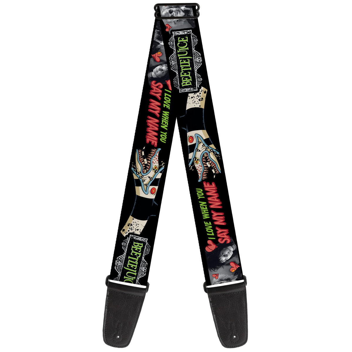 Guitar Strap - BEETLEJUICE I LOVE WHEN YOU SAY MY NAME Poses and Sandworm Black Guitar Straps Beetlejuice