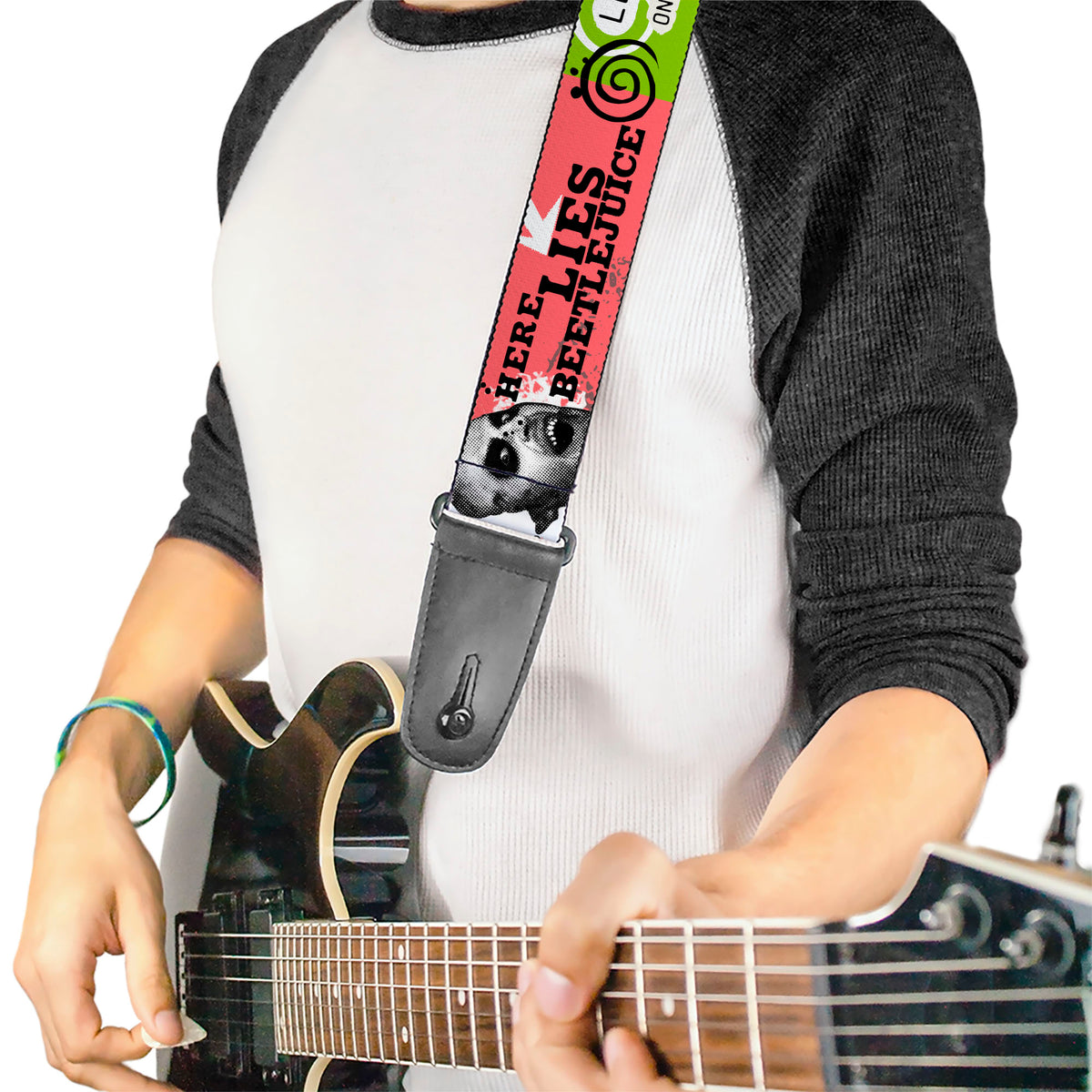 Guitar Strap - BEETLEJUICE Face and Quotes Collage Pink/Green/Black Guitar Straps Beetlejuice