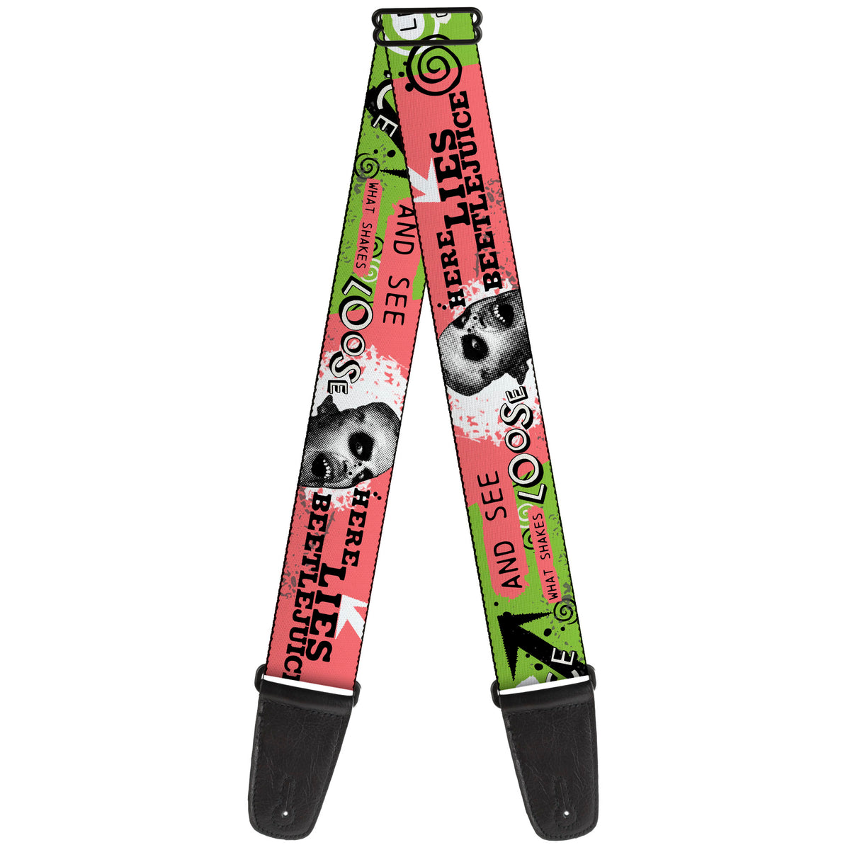 Guitar Strap - BEETLEJUICE Face and Quotes Collage Pink/Green/Black Guitar Straps Beetlejuice
