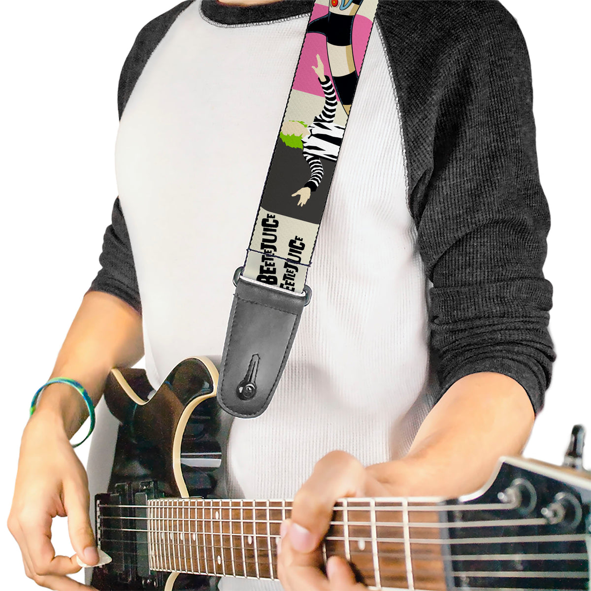 Guitar Strap - BEETLEJUICE Pose and Sandworm Stripe White/Pink/Gray Guitar Straps Beetlejuice