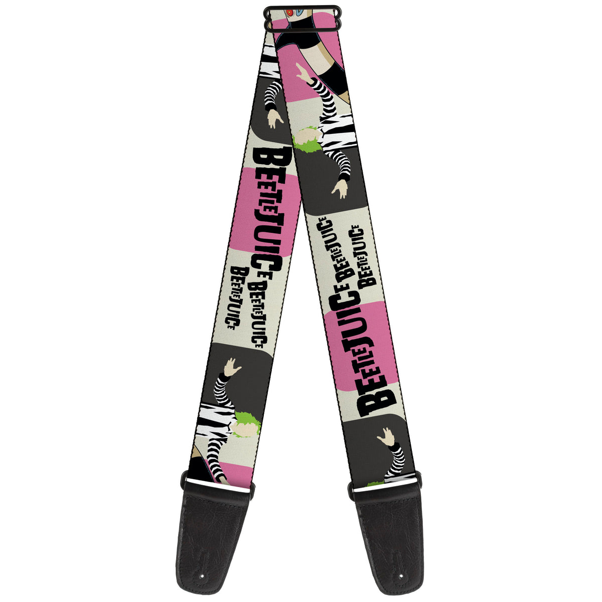 Guitar Strap - BEETLEJUICE Pose and Sandworm Stripe White/Pink/Gray Guitar Straps Beetlejuice