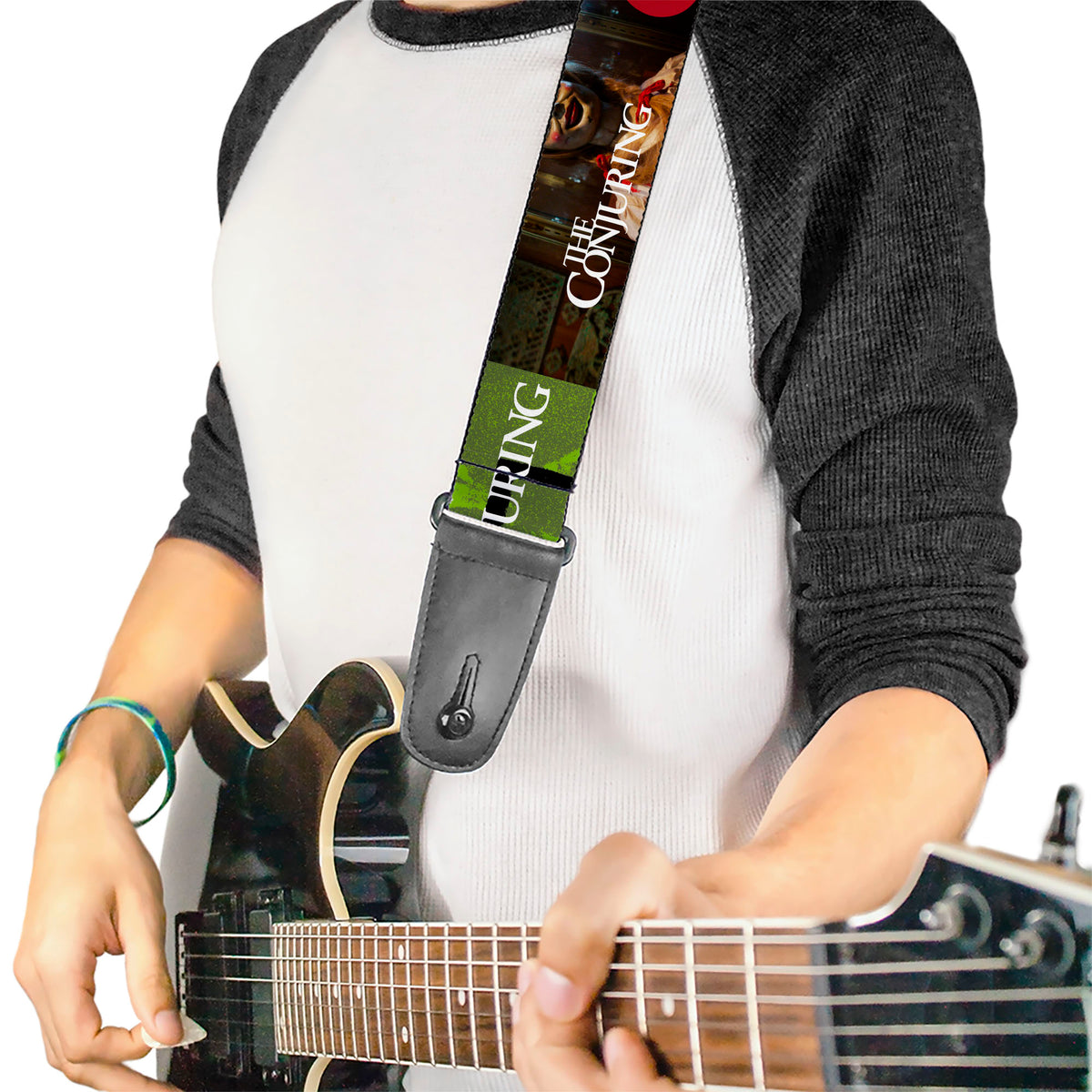 Guitar Strap - THE CONJURING Annabelle Pose and Blocks Black/Greens/Red Guitar Straps The Conjuring