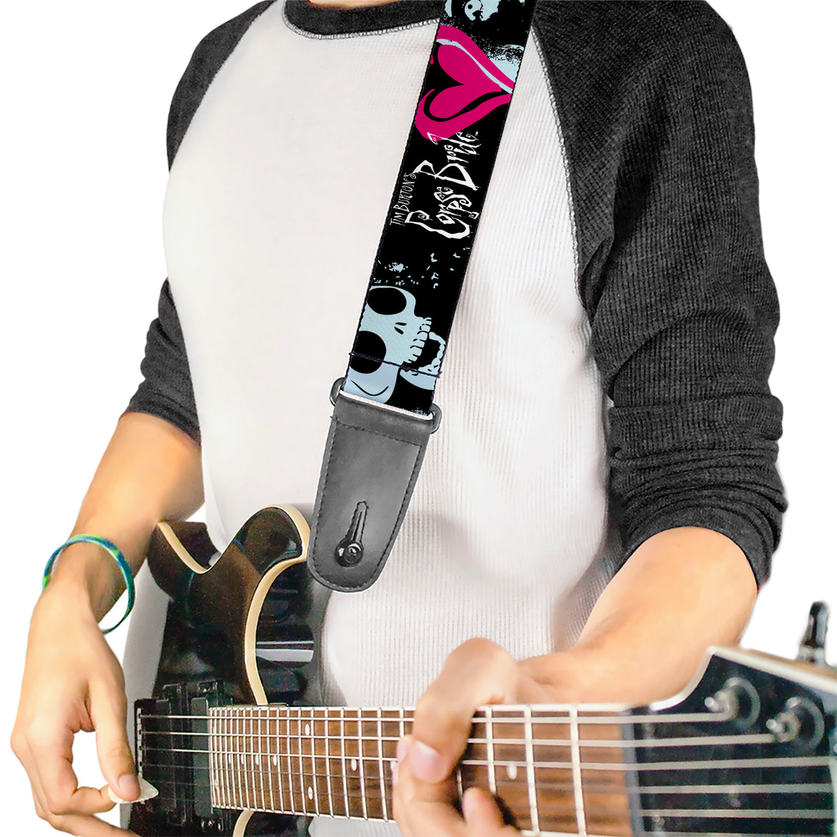 Guitar Strap - CORPSE BRIDE Emily Hearts and Skull Black/Gray/Pink Guitar Straps Corpse Bride