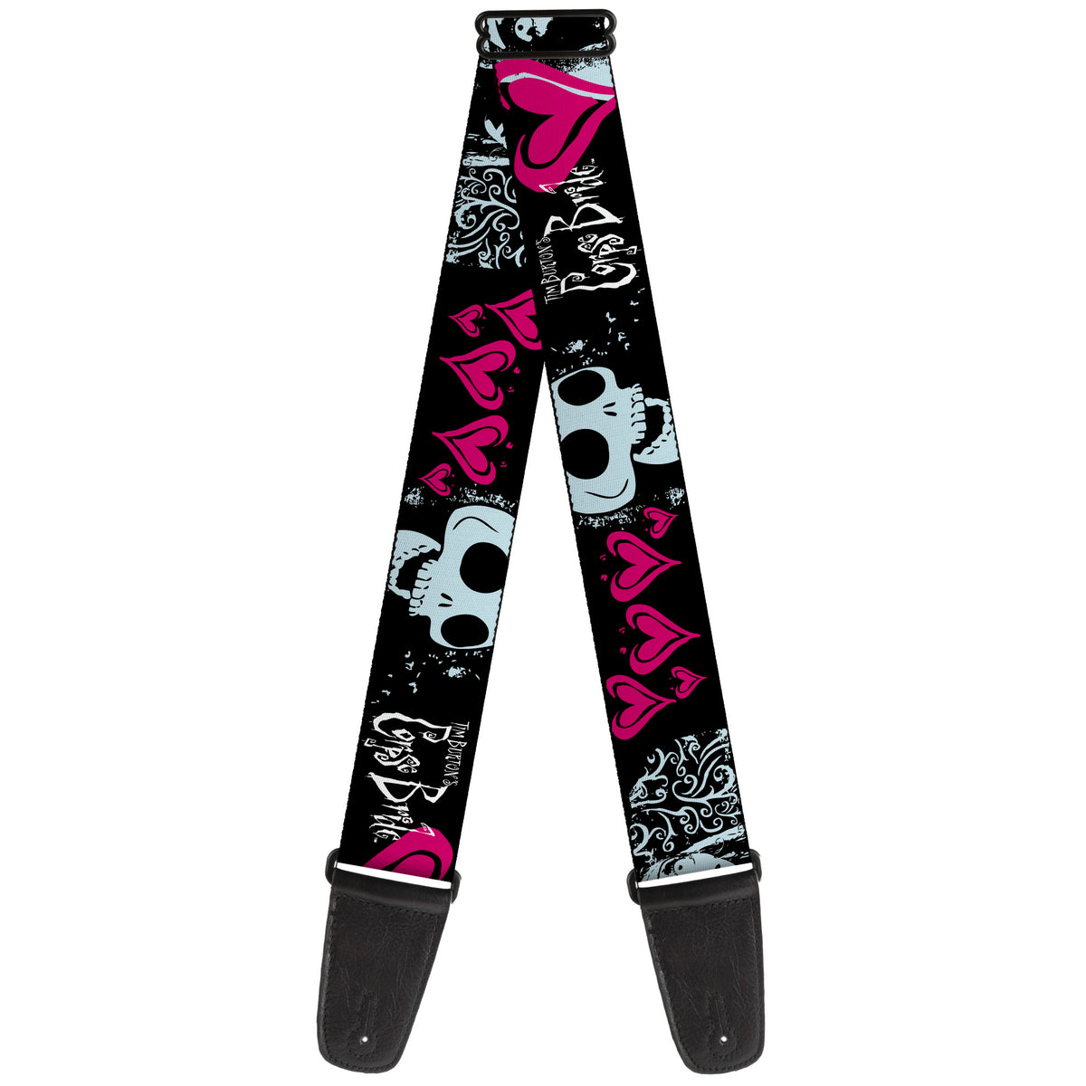 Guitar Strap - CORPSE BRIDE Emily Hearts and Skull Black/Gray/Pink Guitar Straps Corpse Bride