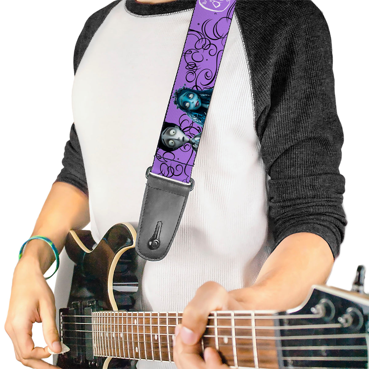 Guitar Strap - CORPSE BRIDE Victor and Emily LIVING MARRY THE DEAD Pose Lavender/Black Guitar Straps Corpse Bride