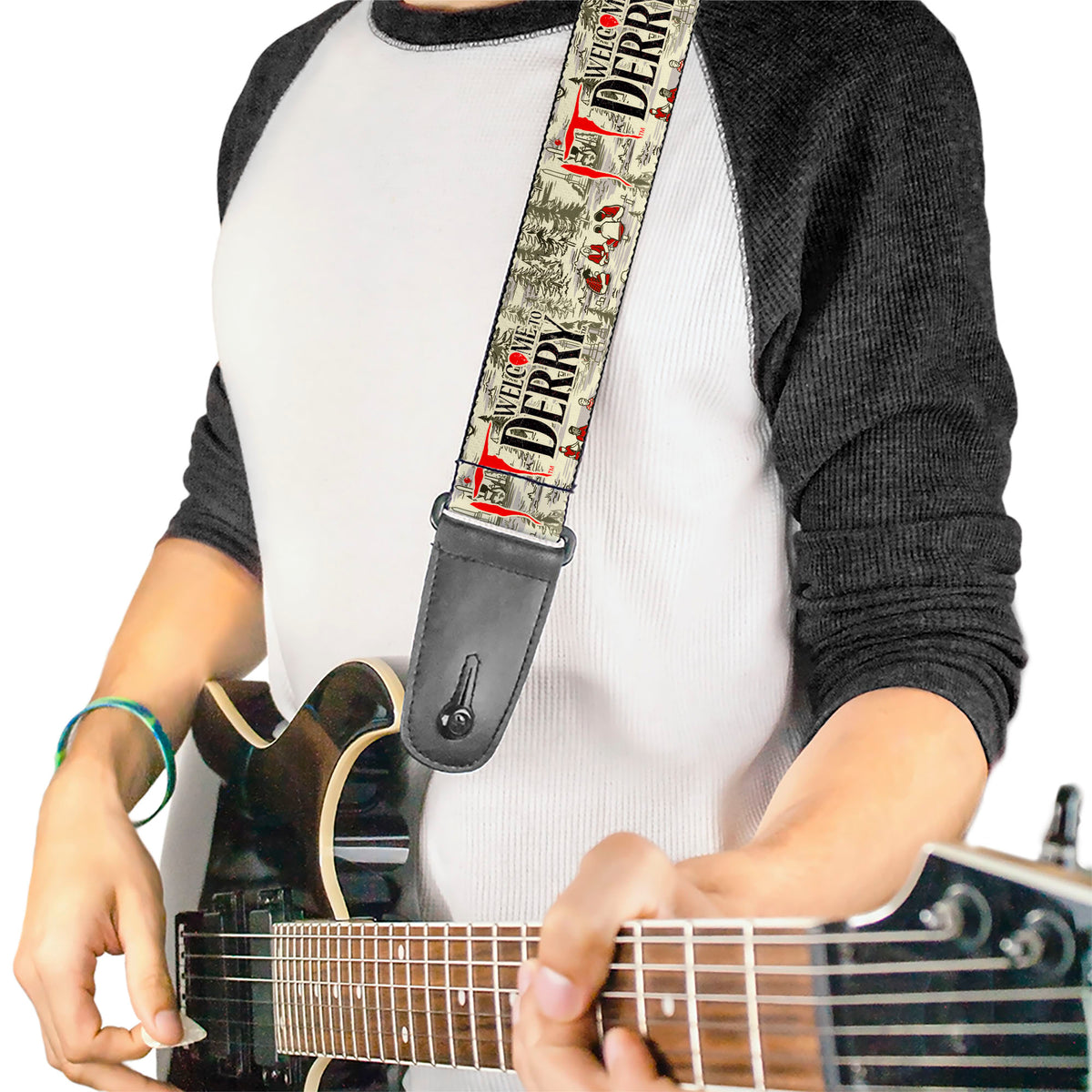 Guitar Strap - IT WELCOME TO DERRY Camping Forest Scenery and Title Logo Beige/Grays Guitar Straps IT