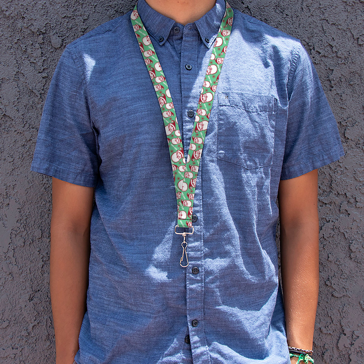 Lanyard - 1.0" - Jolly SANTA CLAUS Christmas Smiling Face Icon and Text Green/Red/White Lanyards Buckle-Down