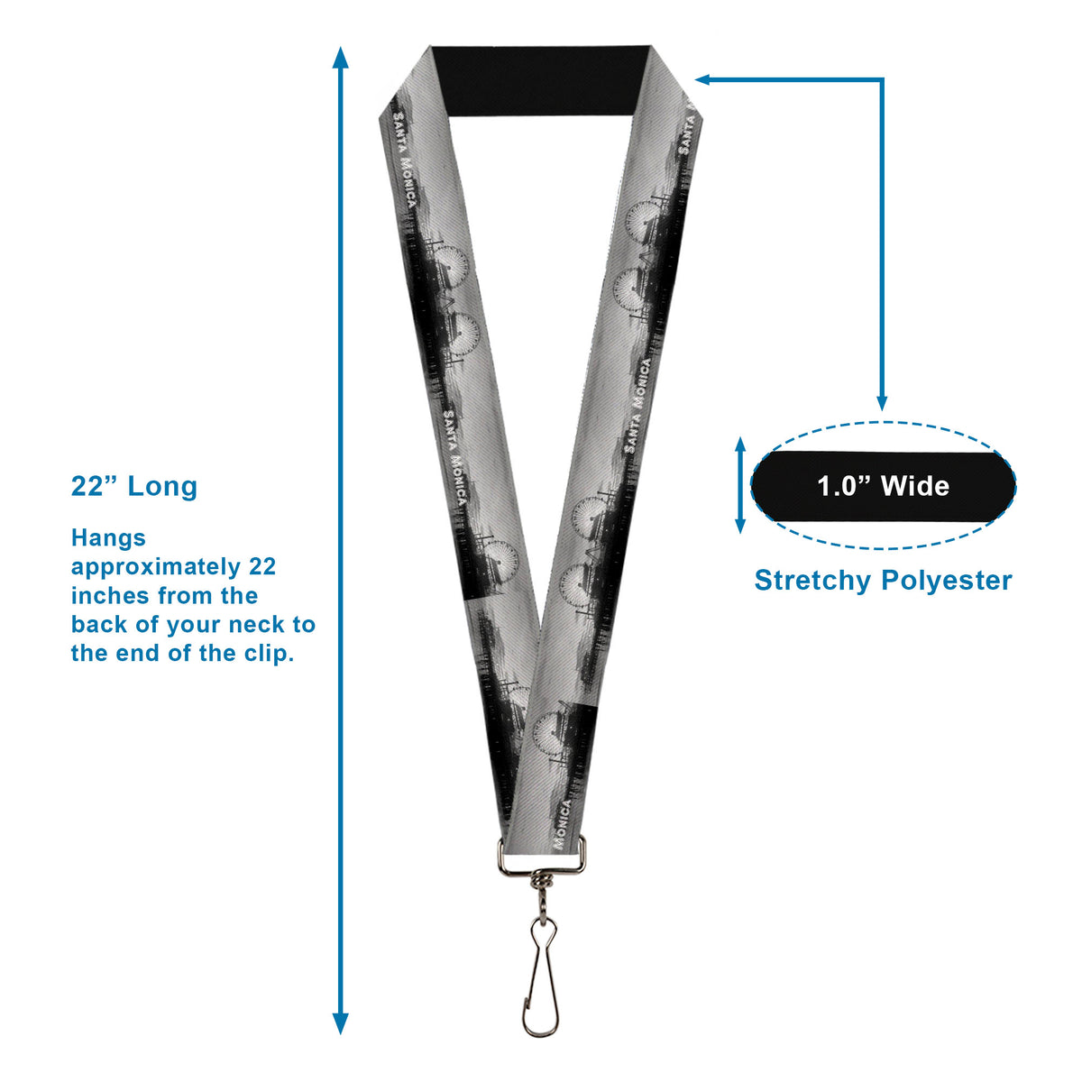 Lanyard - 1.0" - Vivid SANTA MONICA Pier Skyline Grays White Lanyards Buckle-Down