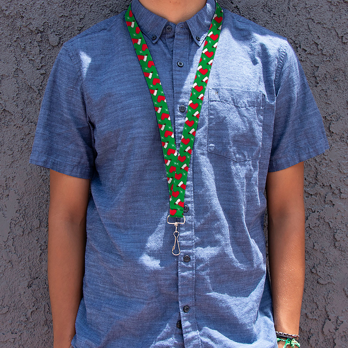 Lanyard - 1.0" - Holiday Christmas Stocking and Star Green/WhiteRed Lanyards Buckle-Down