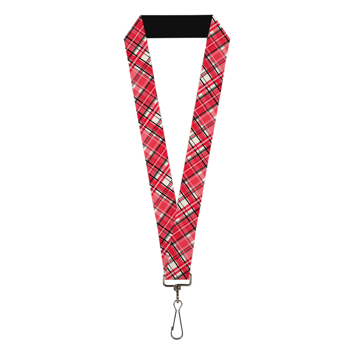 Lanyard - 1.0" - Holiday Christmas Plaid Diagonal White/Red/Black Lanyards Buckle-Down