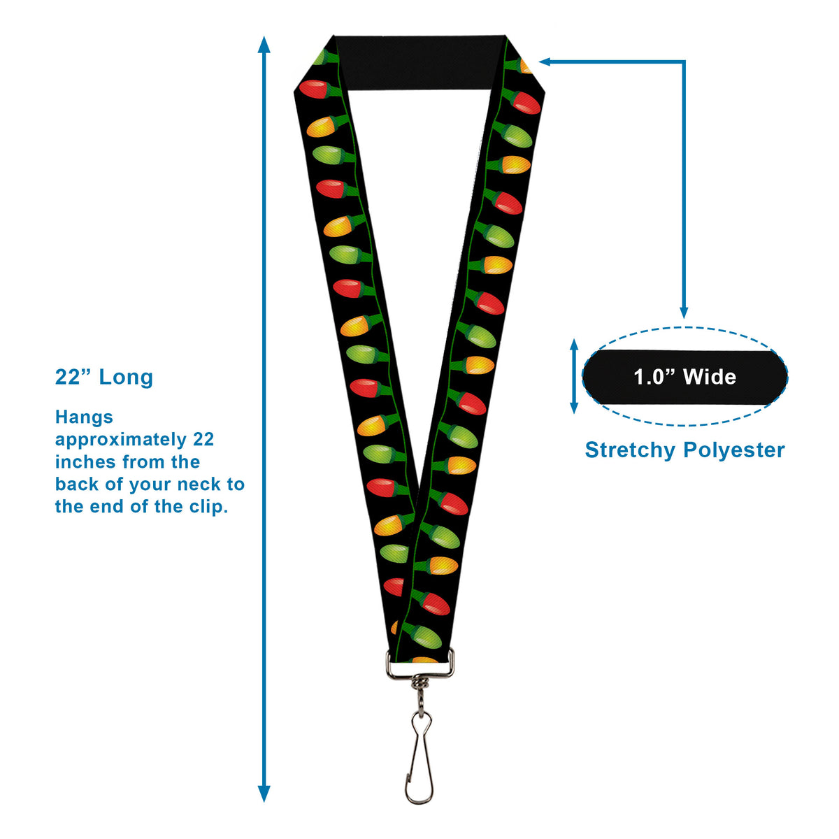Lanyard - 1.0" - Christmas Lights Black Multi Color Lanyards Buckle-Down