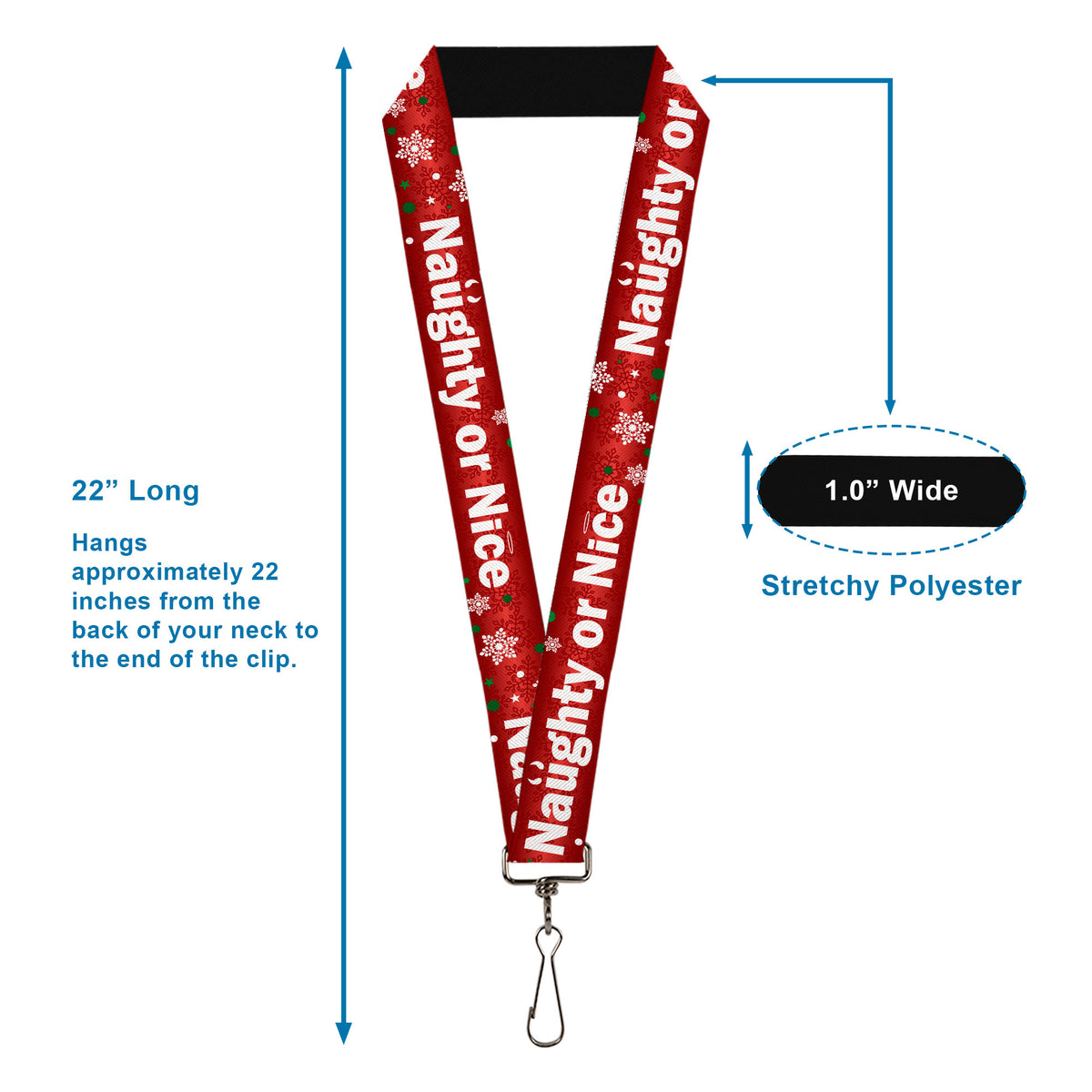Lanyard - 1.0" - Christmas NAUGHTY OR NICE Snowflakes Reds White Green Lanyards Buckle-Down
