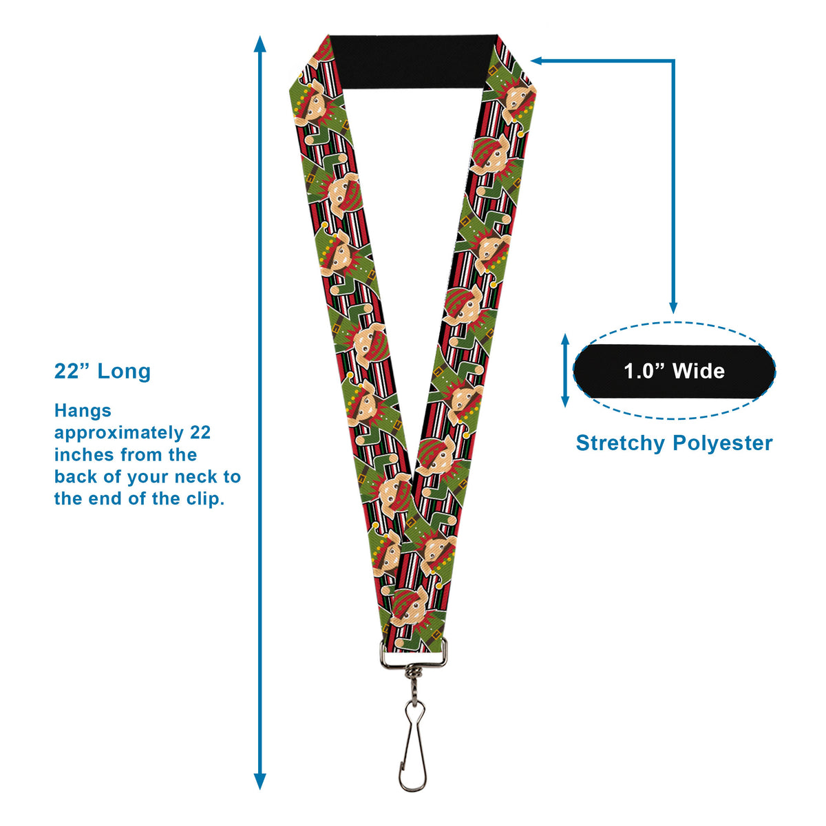 Lanyard - 1.0" - Christmas Elves Stripes Black Red White Green Lanyards Buckle-Down