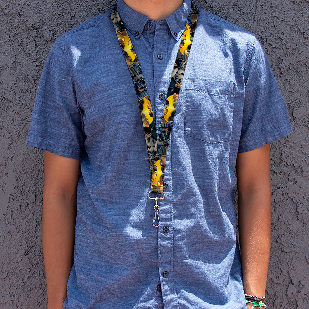 Lanyard - 1.0" - Bat Shield Urban Legend Action Poses Fire Full Color Golden Yellow Lanyards DC Comics