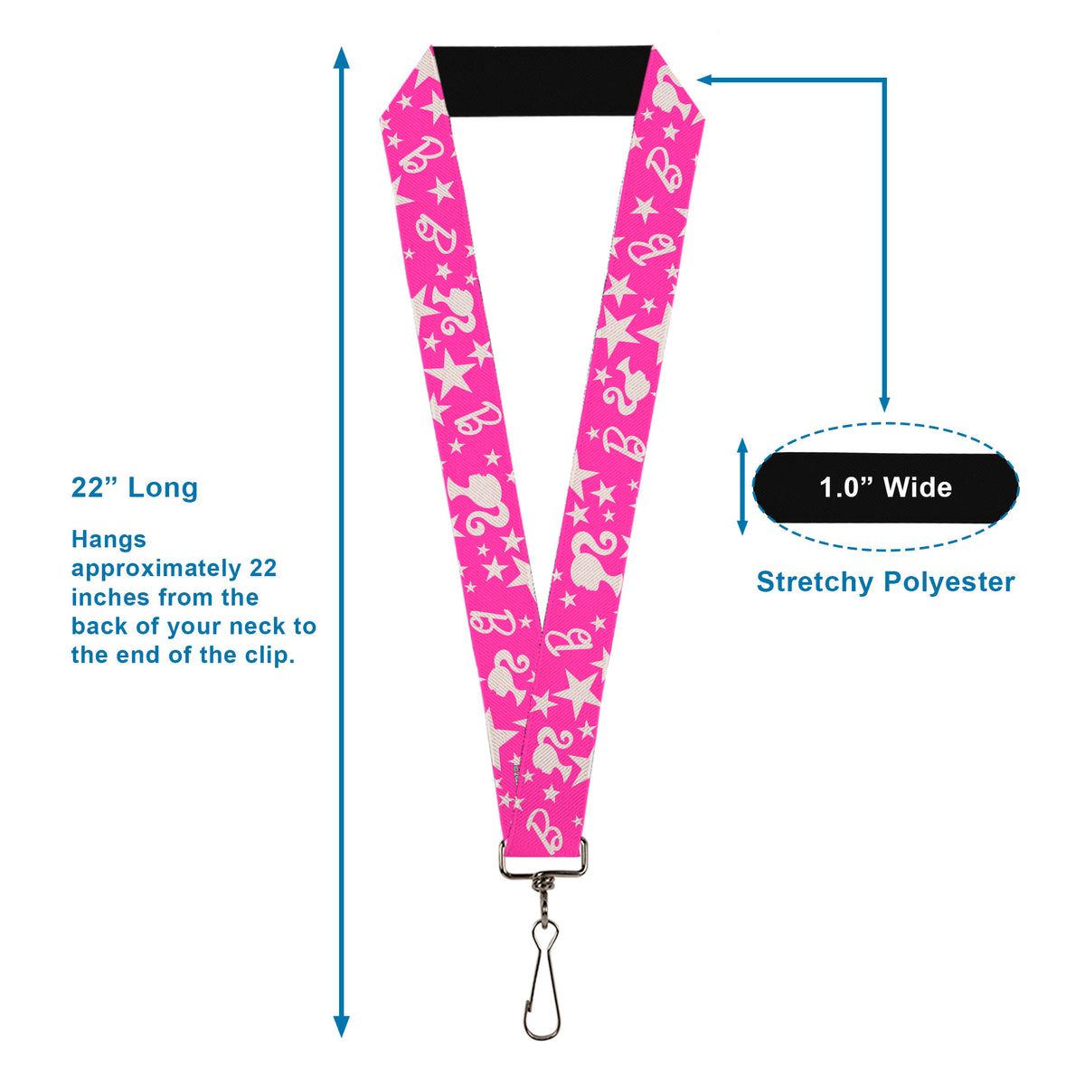 Lanyard - 1.0" - Barbie Ponytail Silhouette and Star Scattered Pink/White Lanyards Barbie