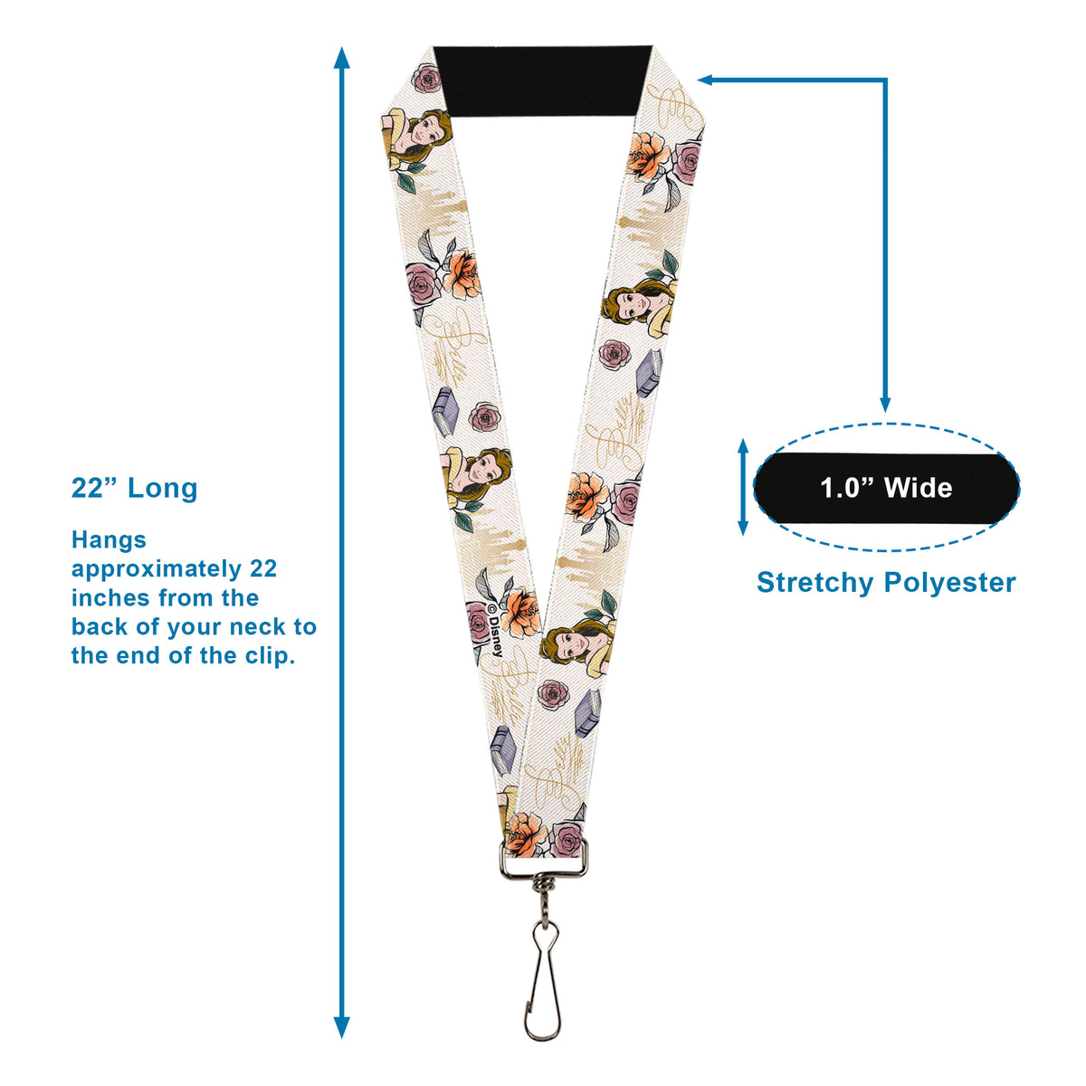 Lanyard - 1.0" - Beauty and the Beast Belle Castle Pose with Script and Flowers White/Yellows Lanyards Disney