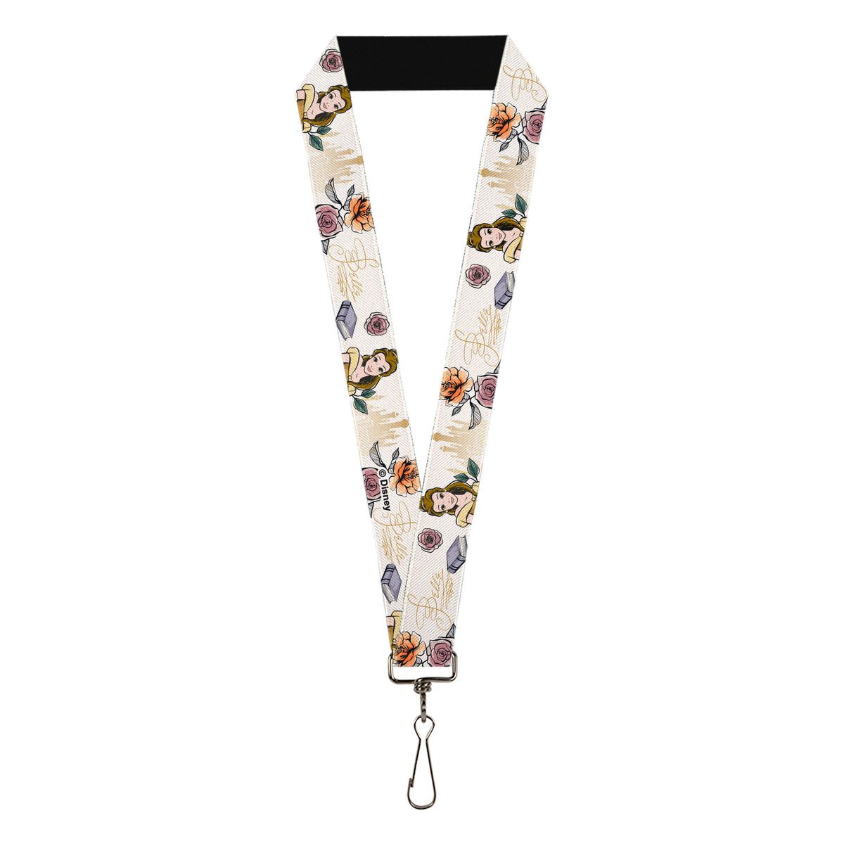 Lanyard - 1.0" - Beauty and the Beast Belle Castle Pose with Script and Flowers White/Yellows Lanyards Disney