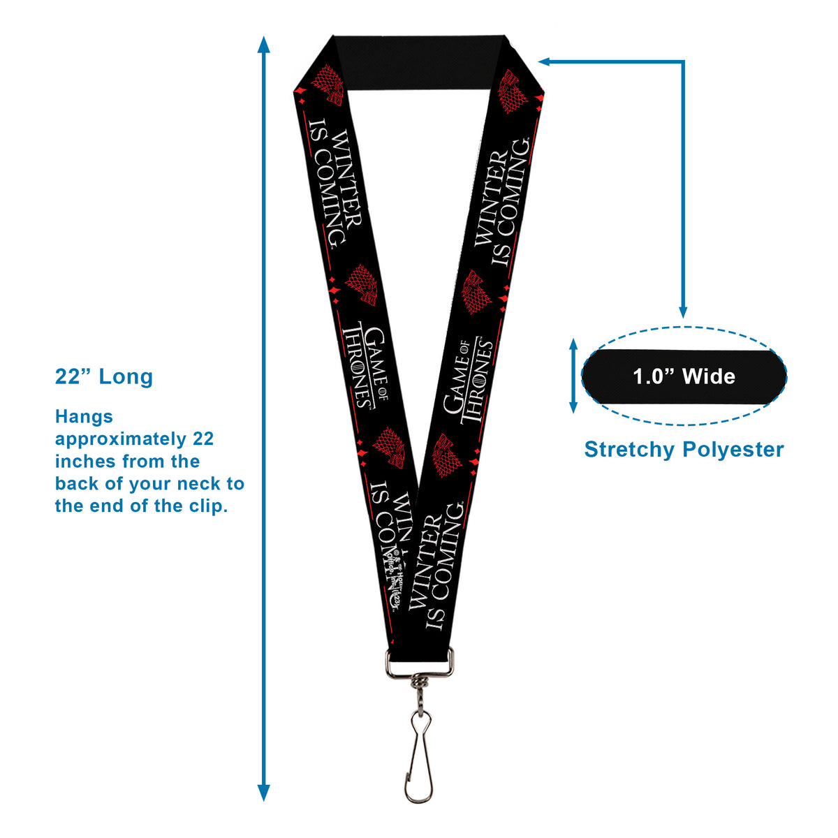 Lanyard - 1.0" - GAME OF THRONES WINTER IS COMING Stark Sigil Black/White/Red Lanyards Game of Thrones