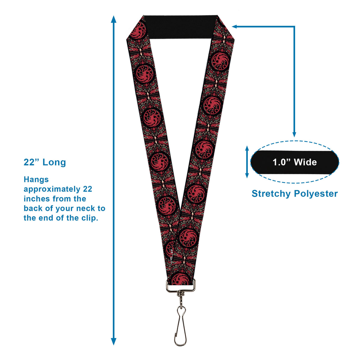Lanyard - 1.0" - House of the Dragon Targaryen Sigil Four-Legged Dragon Black/Red/Grays Lanyards House of the Dragon