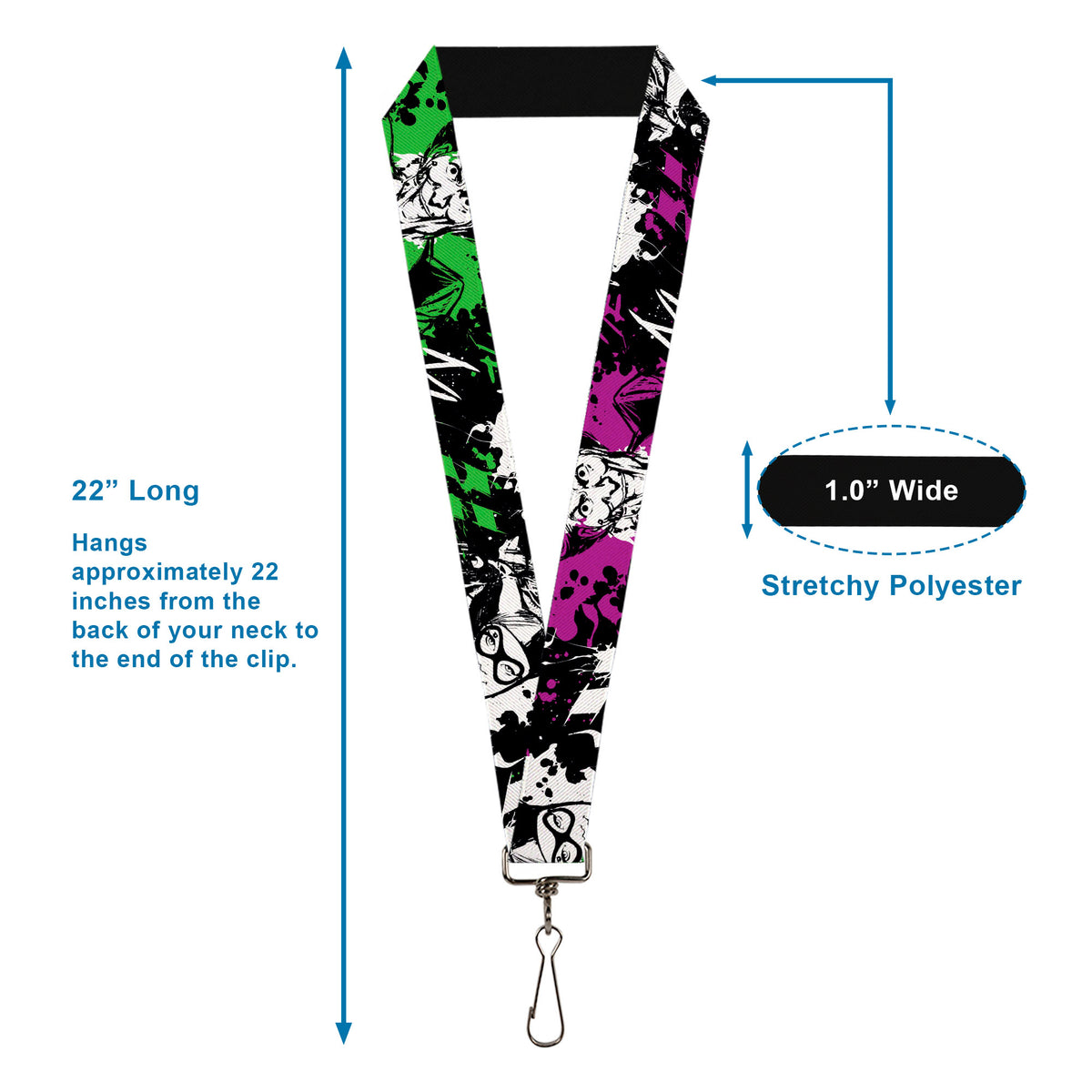 Lanyard - 1.0" - Joker Smiling Harley Quinn Eyes Splatter Black White Purple Green Lanyards DC Comics