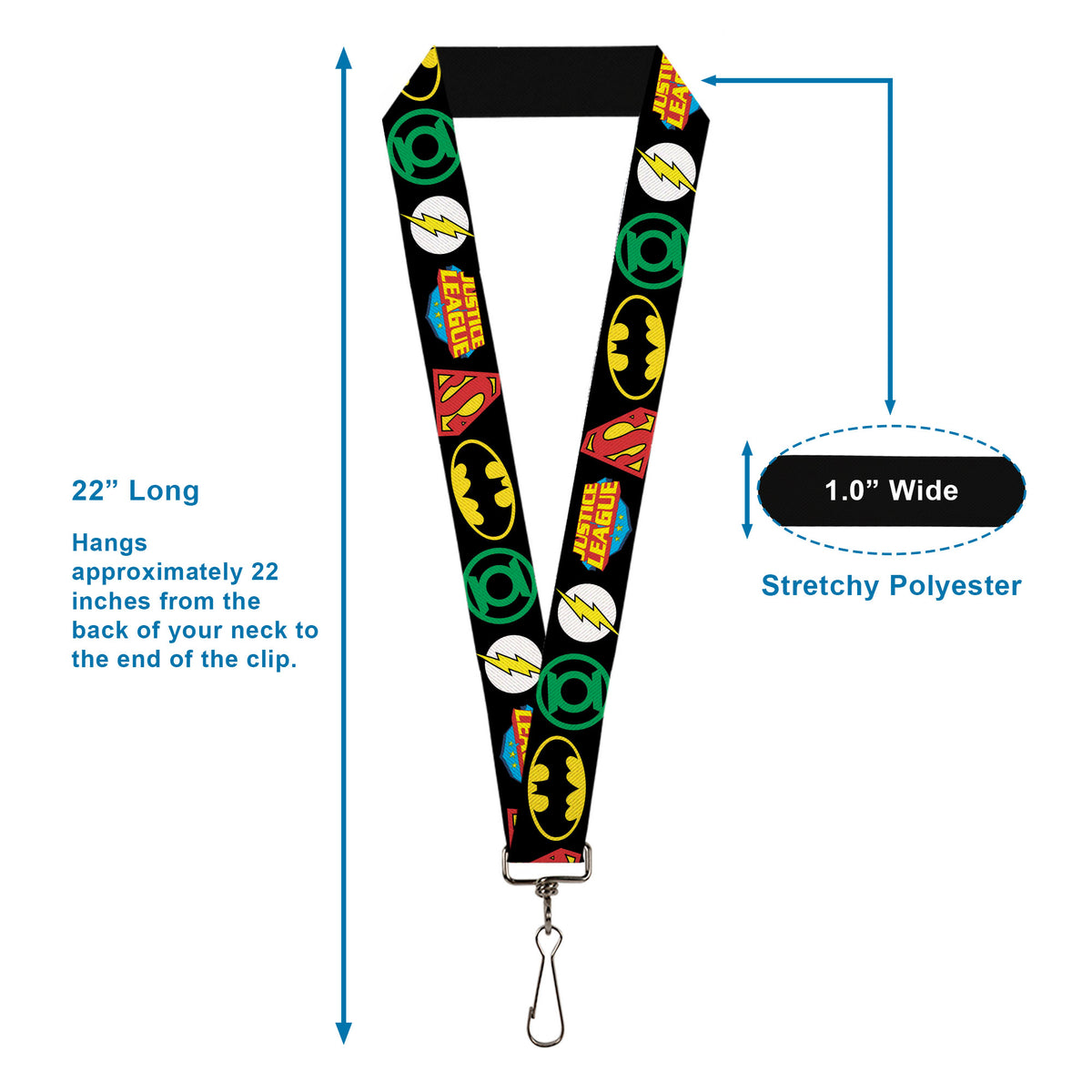 Lanyard - 1.0" - Justice League Superhero Logos CLOSE-UP Black Lanyards DC Comics
