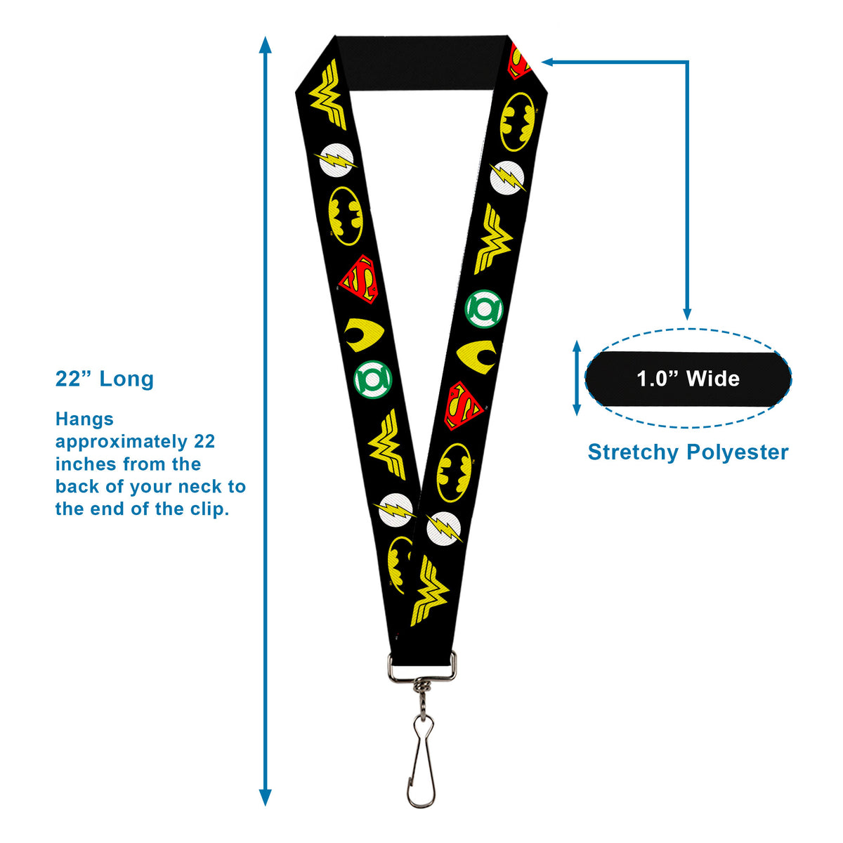 Lanyard - 1.0" - Justice League 6-Superhero Logos Black Lanyards DC Comics